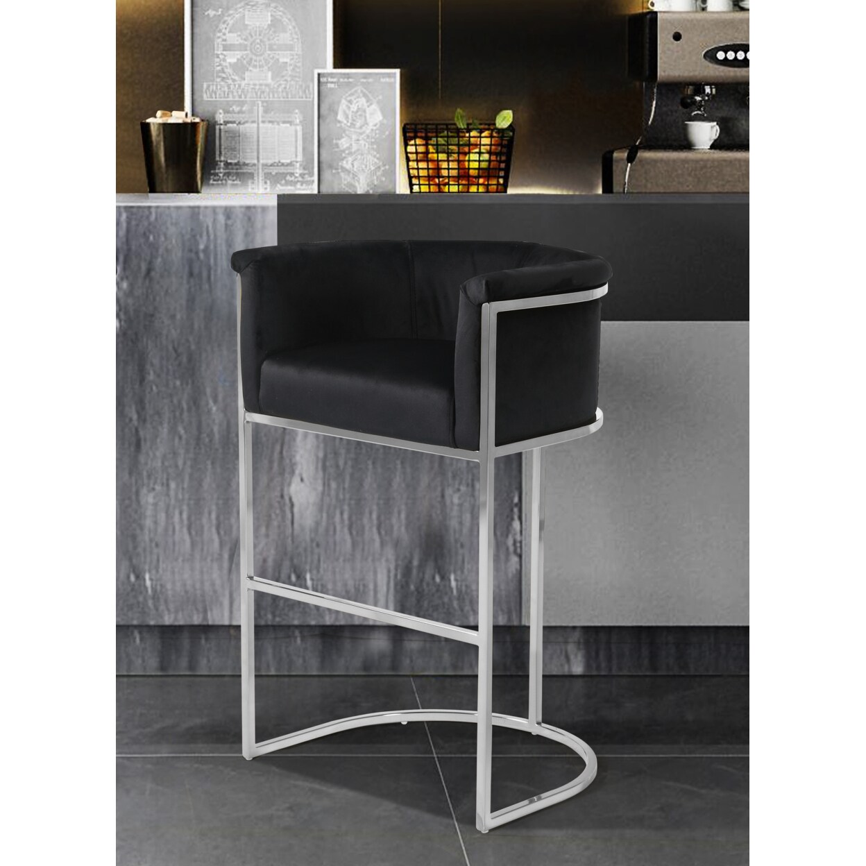 Iconic Home   Scout Bar Stool Chair Velvet Upholstered Rolled Shelter Arm Design Half-Moon Chrometone Solid Metal U-Shaped