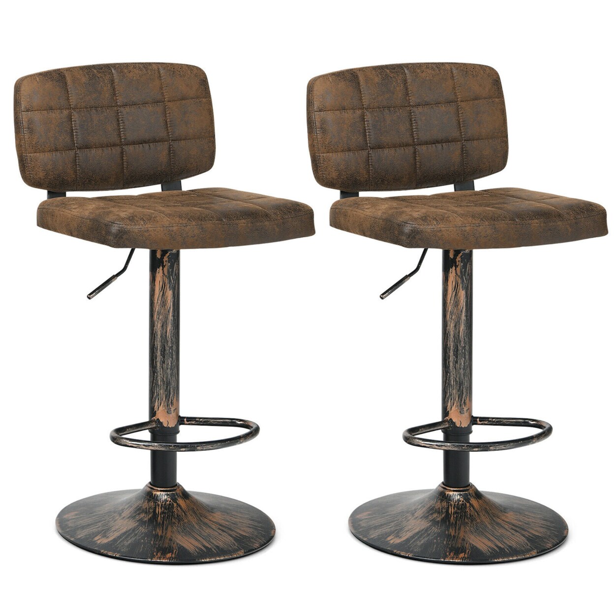 Gymax Set of 2 Adjustable Bar Stools Swivel Bar Chairs w/Backrest Retro Brown