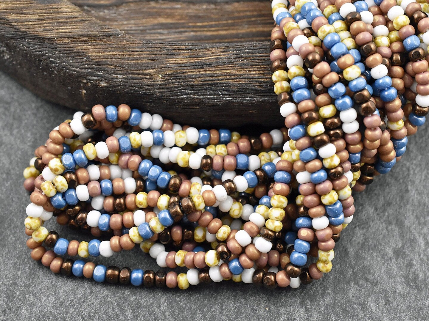 6/0 3 Cut Chocolate Mosaic Picasso Mix Trica Seed Beads (21&#x22; Strand)