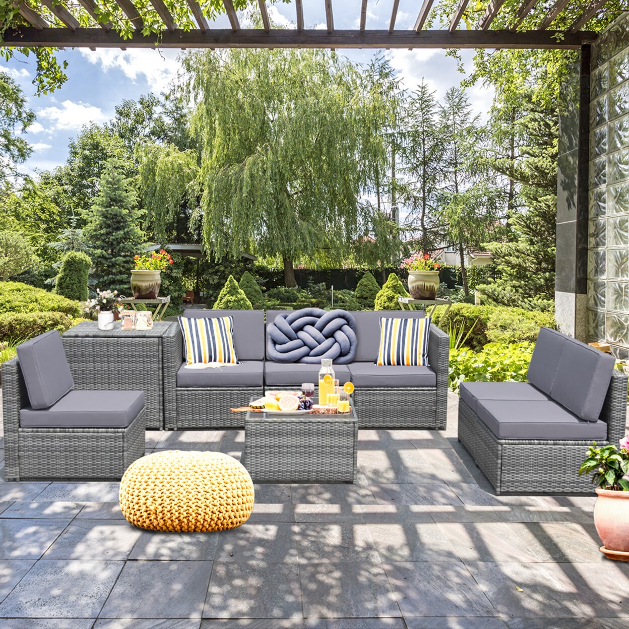 Set Of 8 Gray Rattan Wicker Sofa And Table Outdoor Cushioned Sectional Patio Furniture