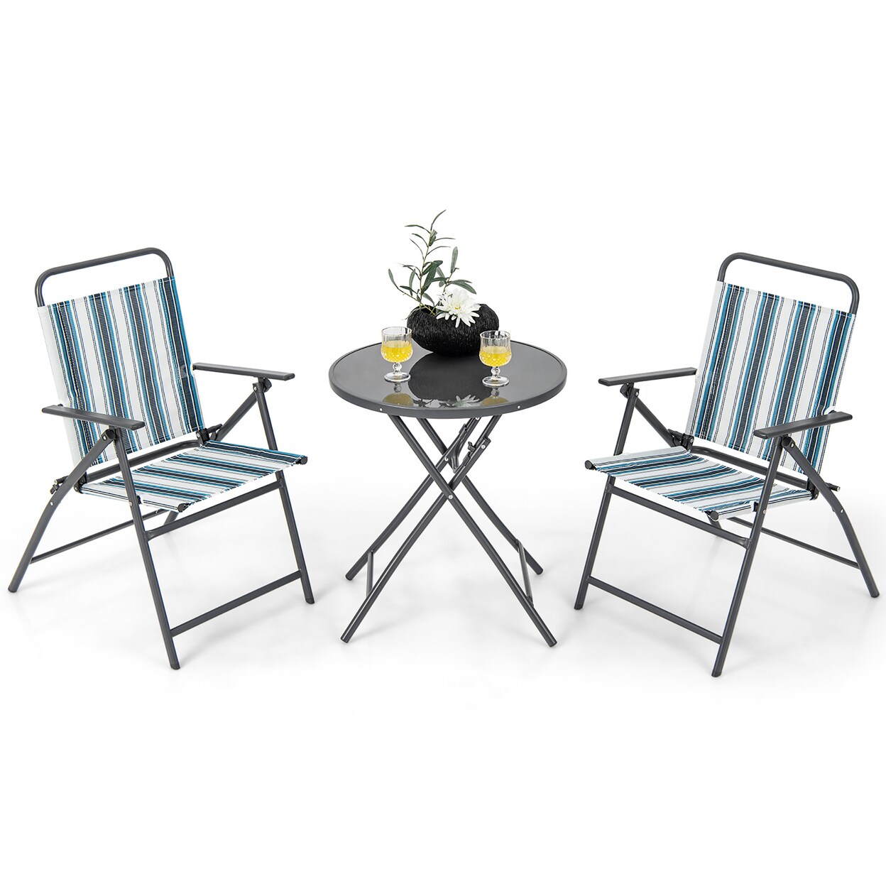 3 Pieces Patio Folding Chair Set W/ 2 Chairs And Glass Round Coffee Table Porch Deck Backyard