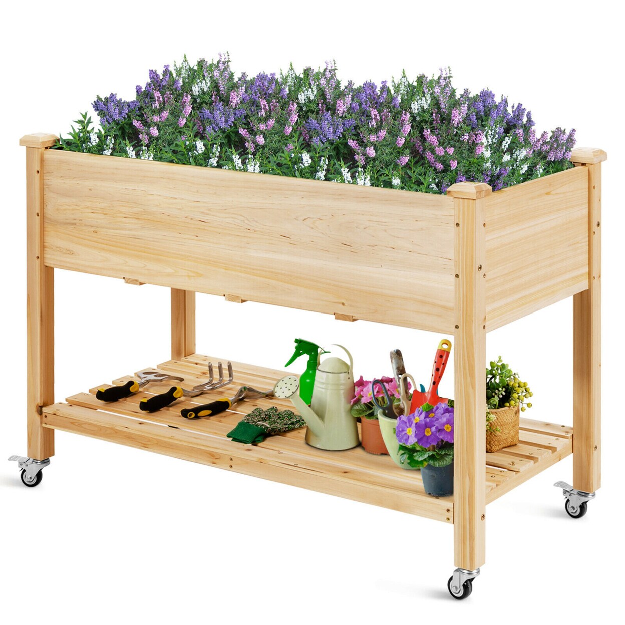 Raised Garden Bed Wood Elevated Planter Bed W/Lockable Wheels Shelf And Liner