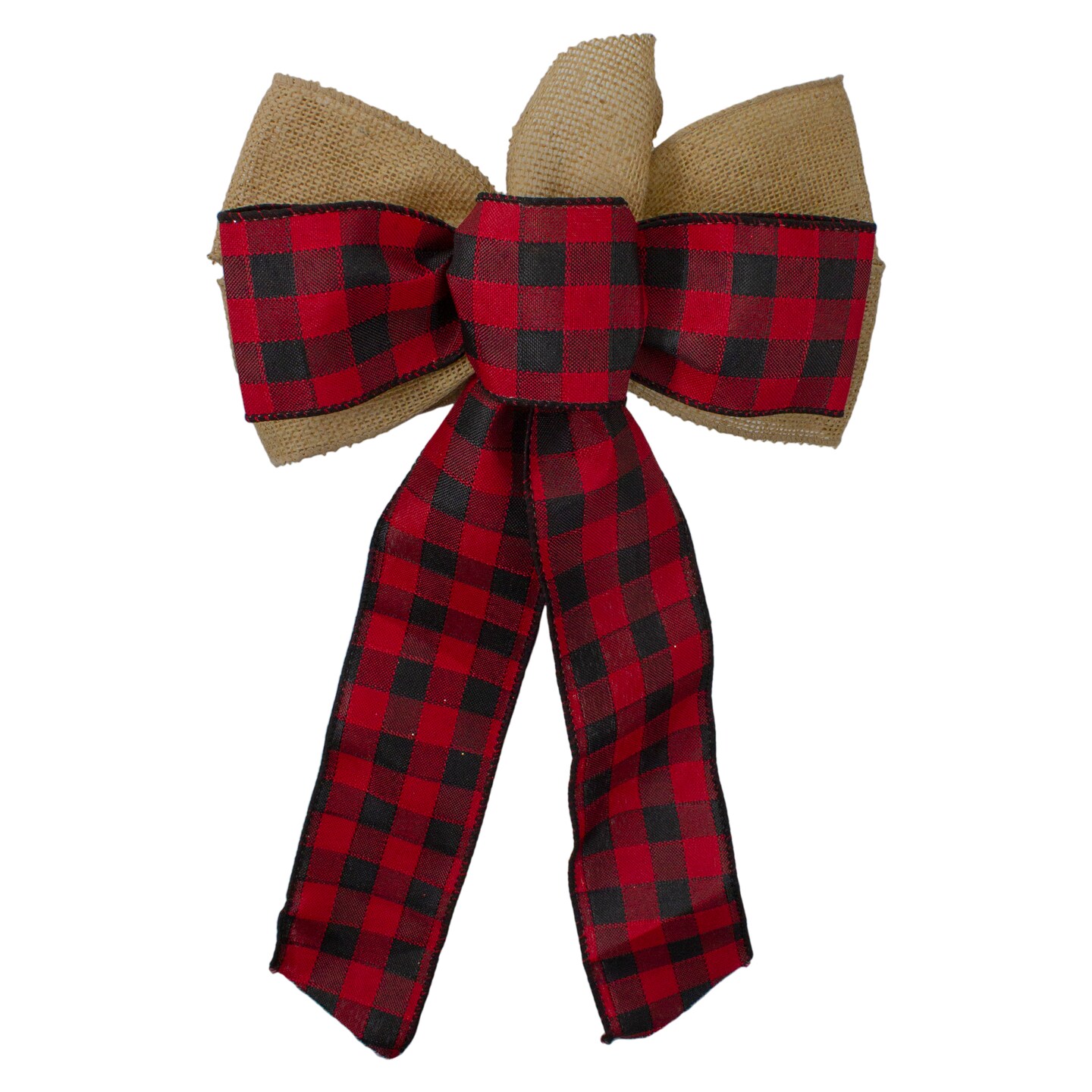 Northlight Burlap and Buffalo Plaid 6-Loop Christmas Bow Decoration - 9" x 14"