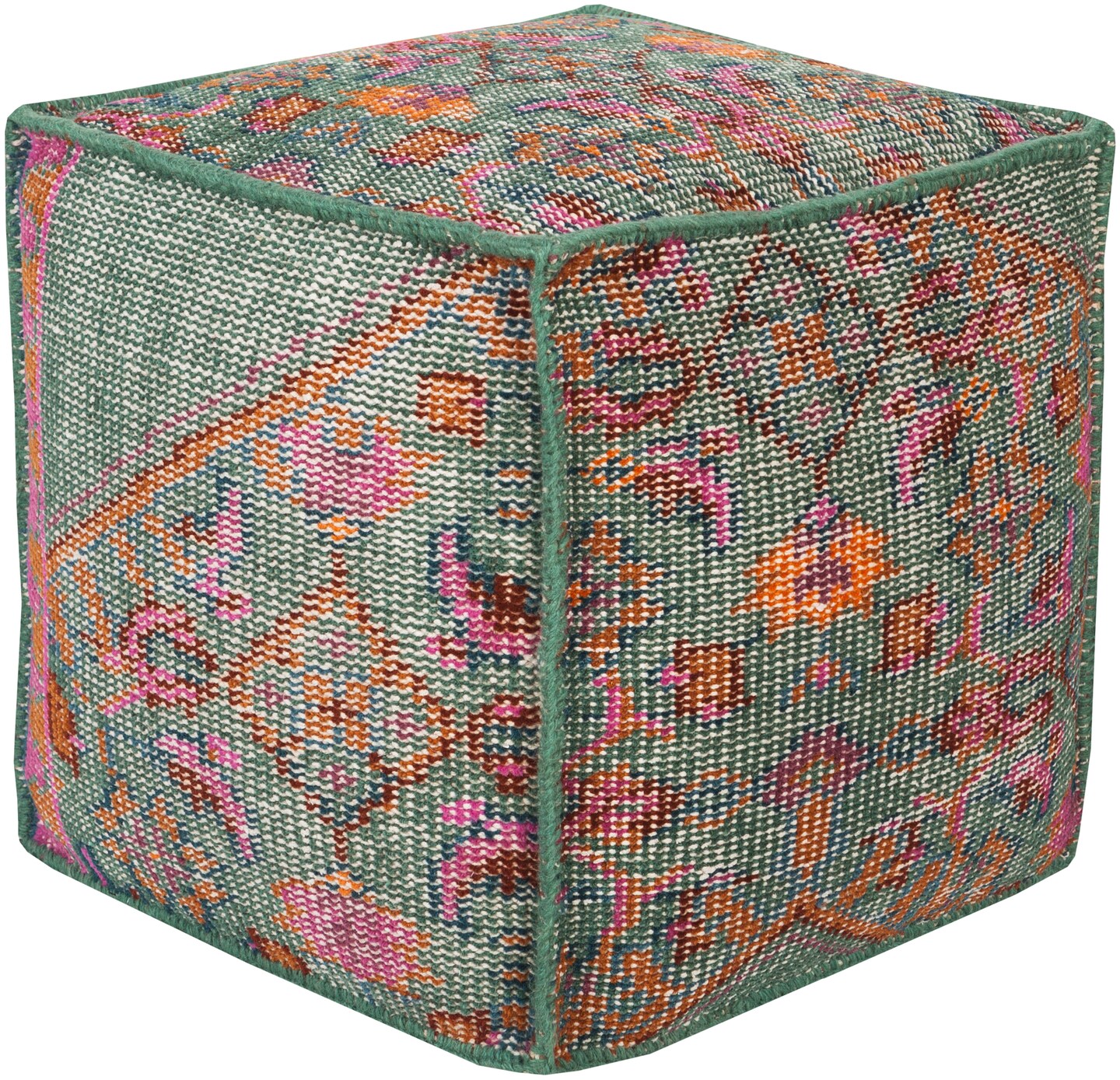 Diva At Home 18&#x22; Mint Green, Salmon Pink and Pumpkin Orange Hand Knotted Wool Square Pouf Ottoman