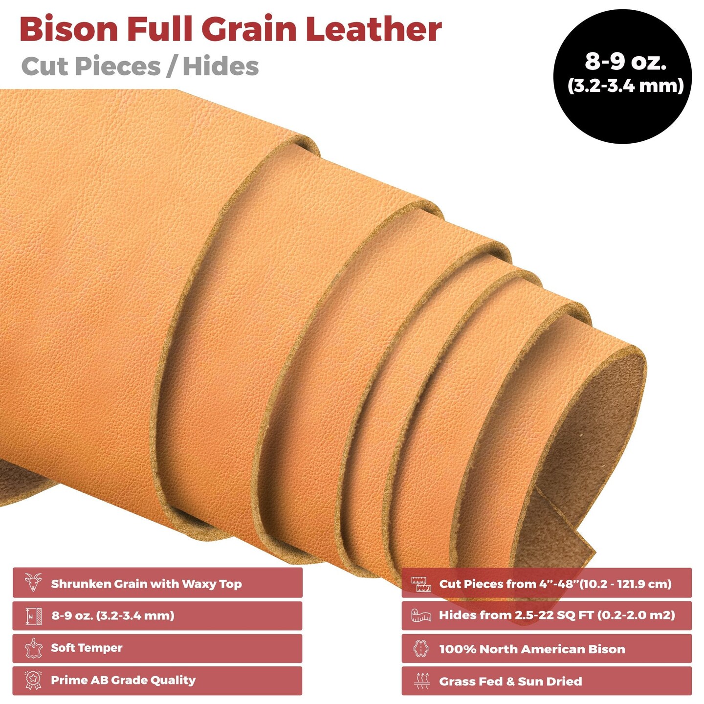 ELW Genuine American Leather Bison 8-9 oz (3.2-3.4mm) Pre-Cut - Full Grain Leather Bison Hide DIY Craft Projects, Bag, Chap, Motorcycle, Clothing, Jewelry, Moccasins