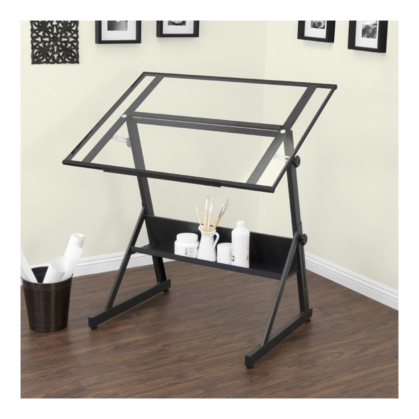Solano Height Adjustable Drawing Table In Charcoal Black / Clear Glass
