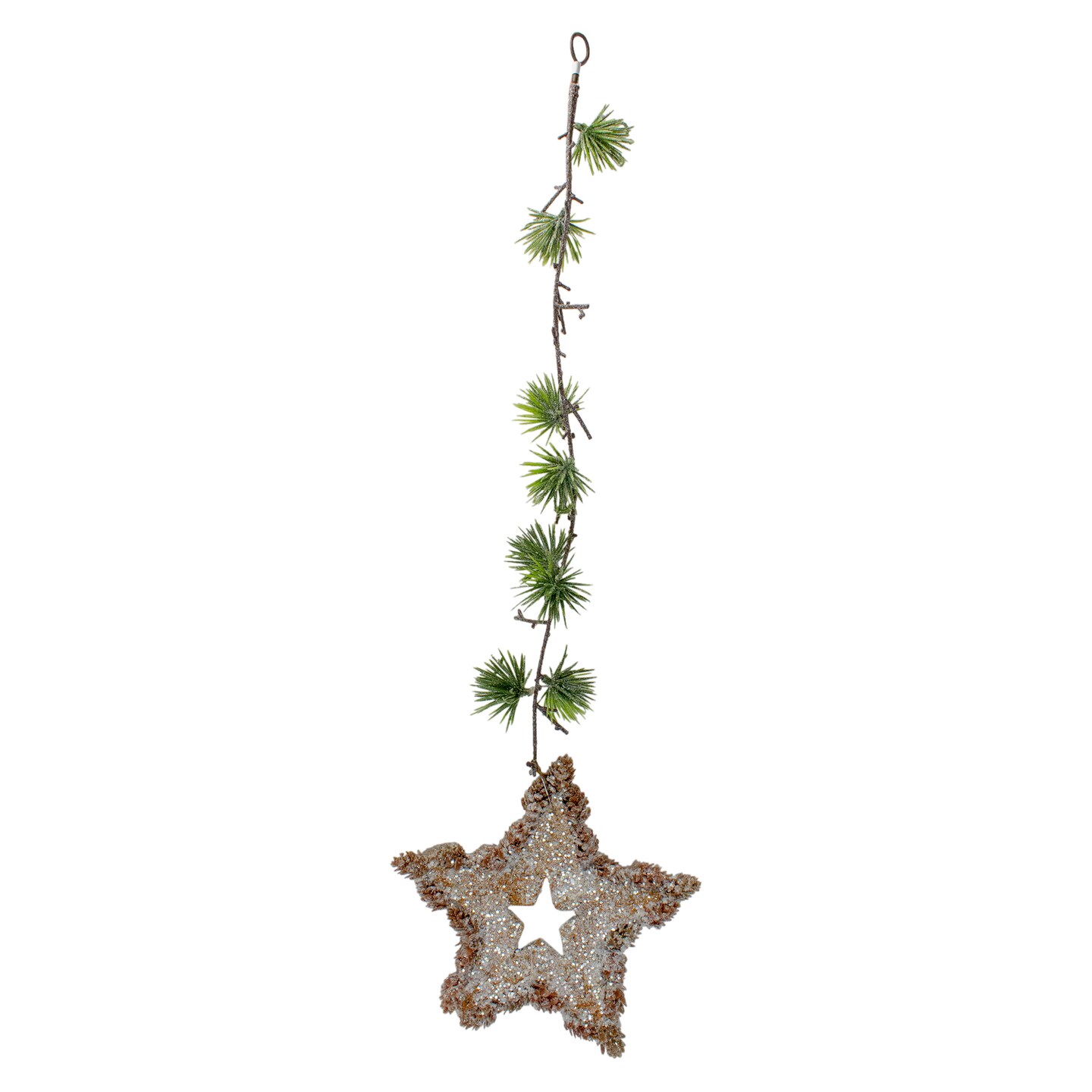 Northlight 25&#x22; Brown and Green Artificial Mini Pine Needle Sprig with Star Hanging Spray