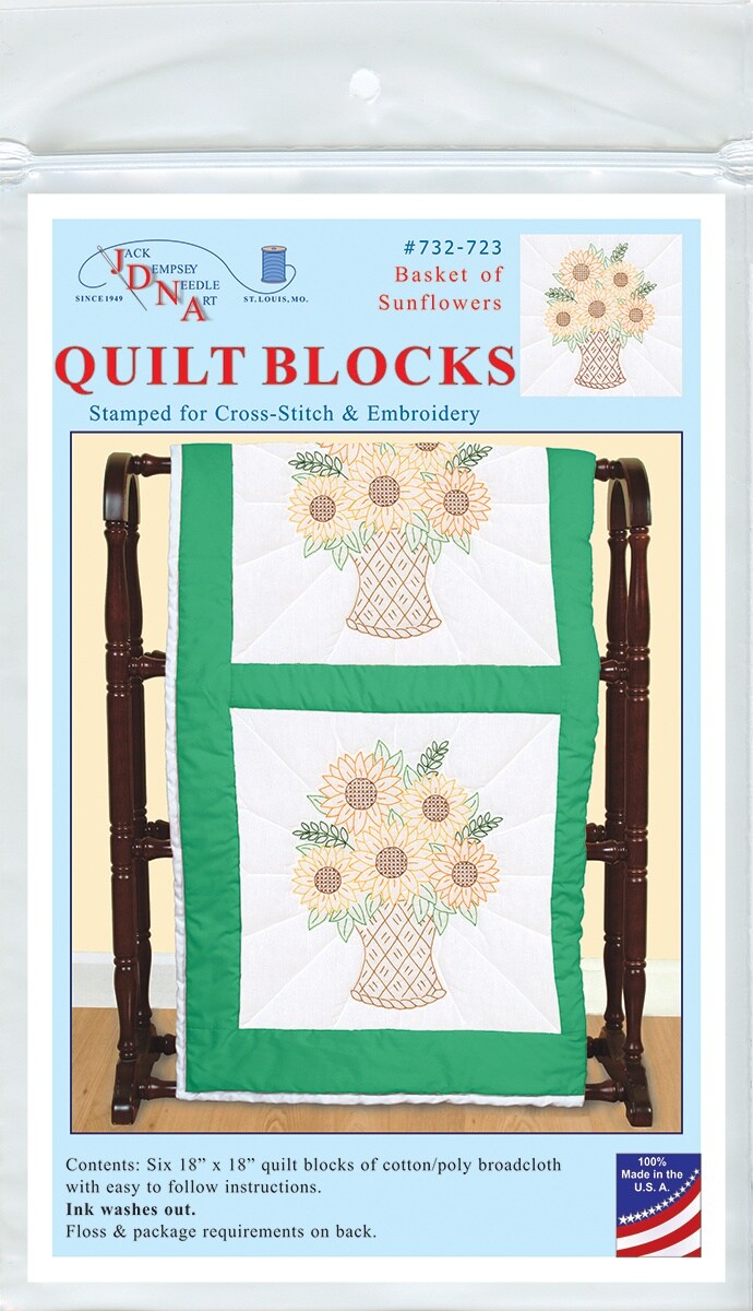 Jack Dempsey Stamped White Quilt Blocks 18"X18" 6/Pkg-Basket Of Sunflowers