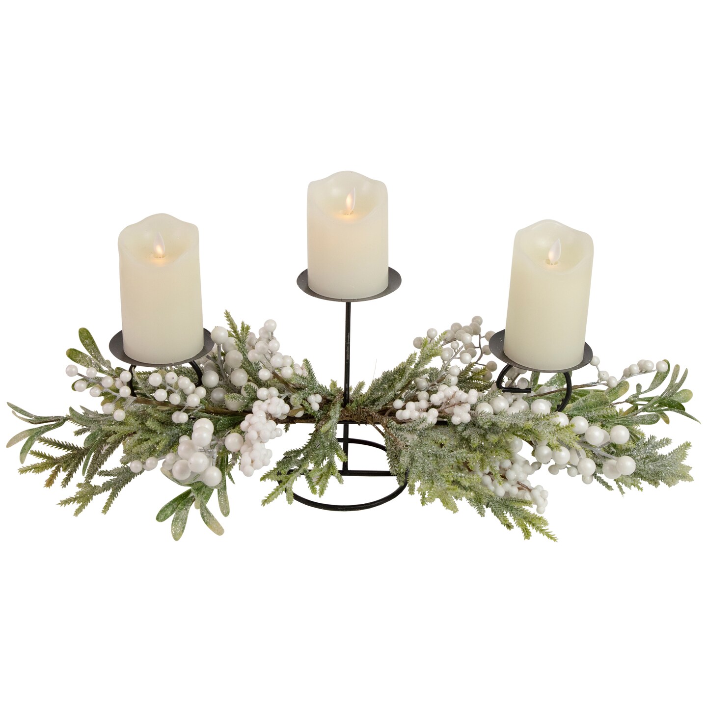 Northlight 26&#x22; Triple Candle Holder with Frosted Foliage and Berries Christmas Decor