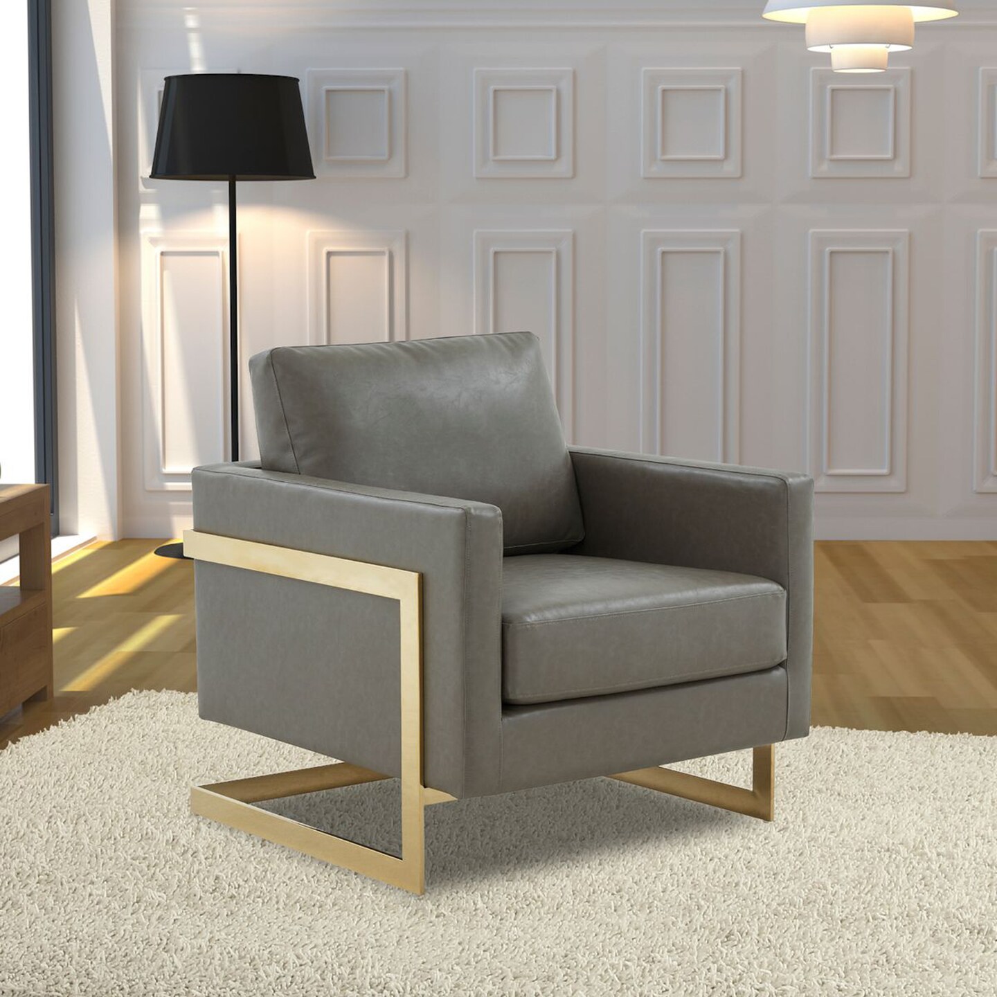 LeisureMod Lincoln Leather Accent Armchair with Gold Frame