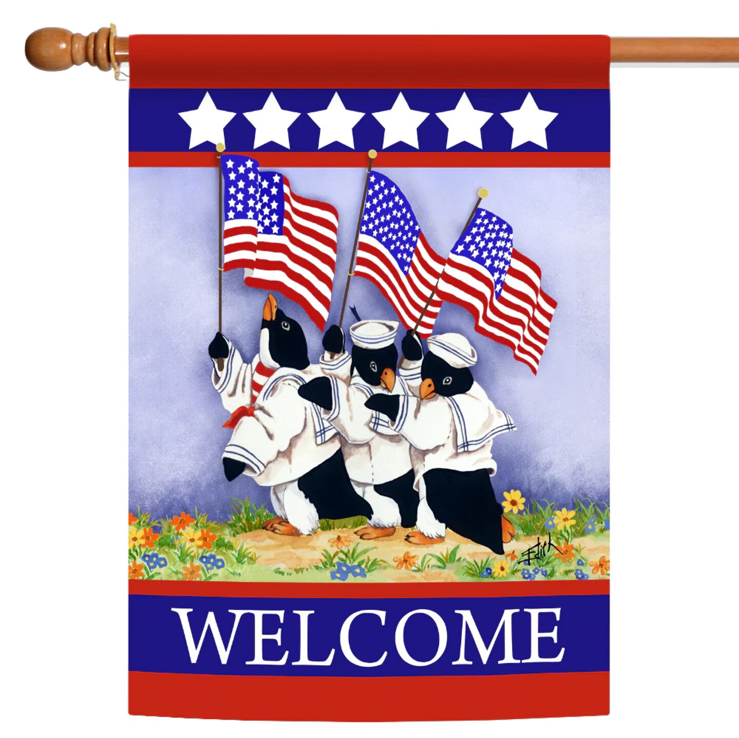 Toland Home Garden Patriotic Penguin Navy Sailors &#x22;Welcome&#x22; Outdoor Flag - 40&#x22; x 28&#x22;
