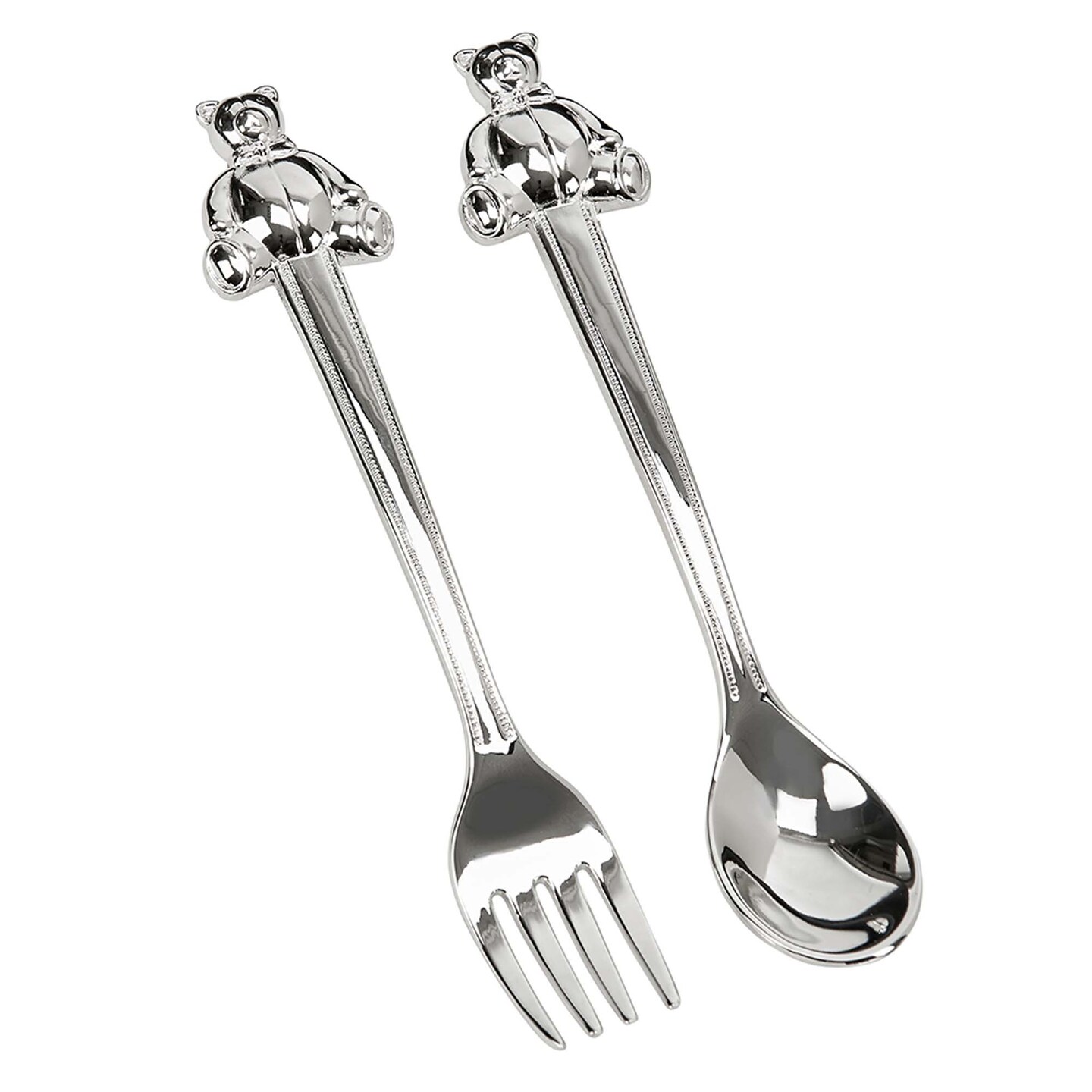 Contemporary Home Living Set of 2 Silver Baby Spoon and Fork Utensils with Teddy Bear Handle