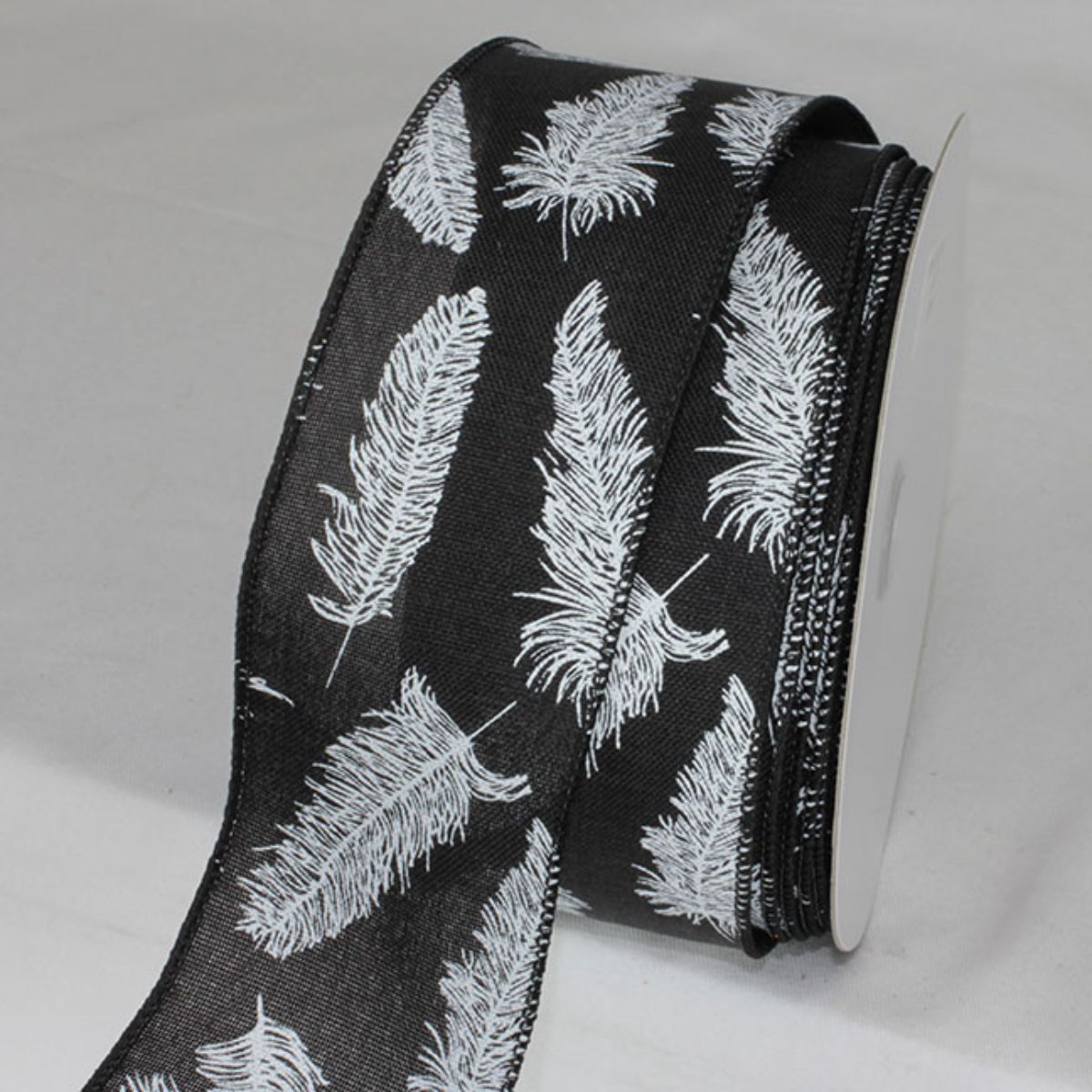 The Ribbon People Black and White Feathers Ribbed Wired Craft Ribbon 2.5" x 20 Yards