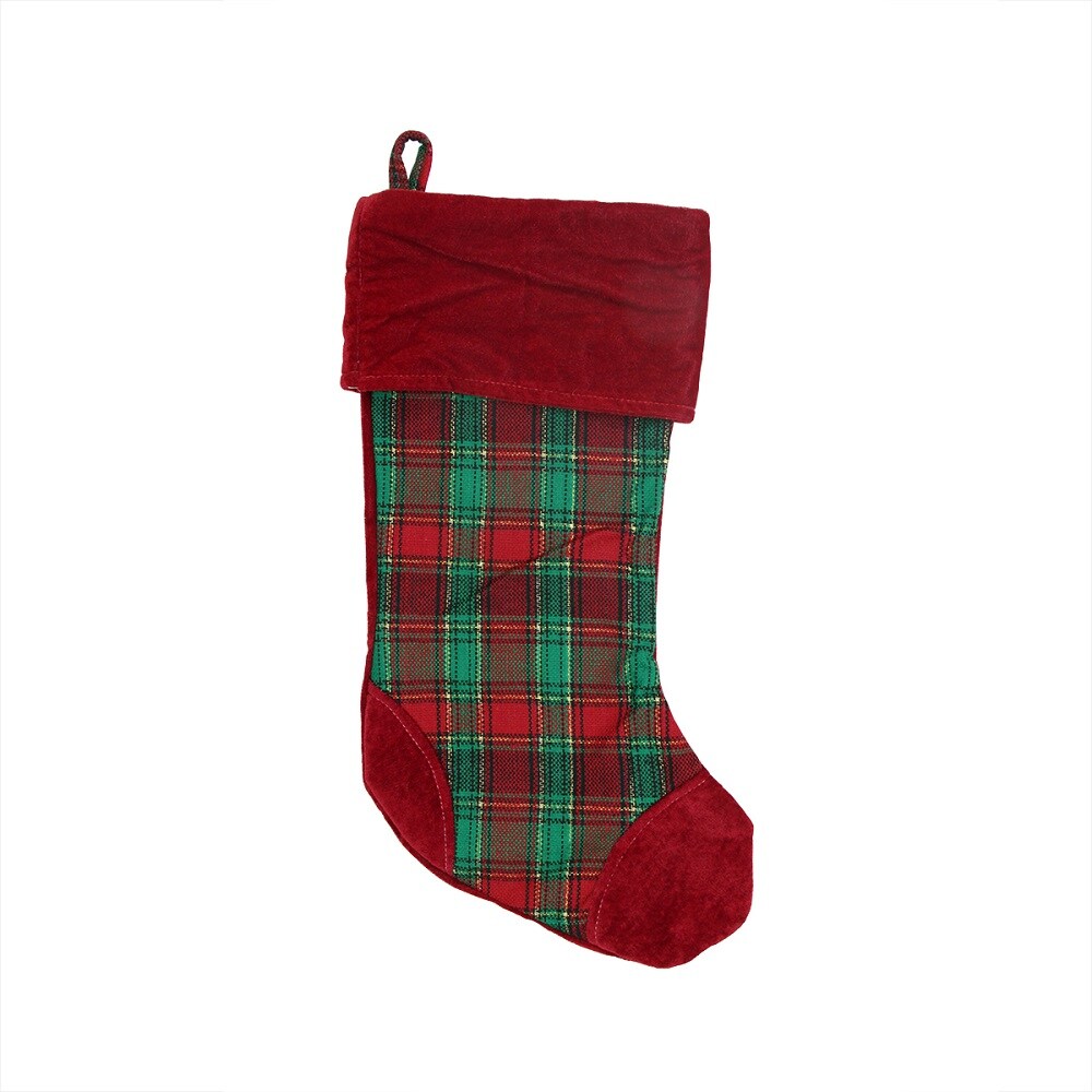 Northlight 19" Christmas Traditions Red, Green and Gold Woven Plaid and Velvet Stocking