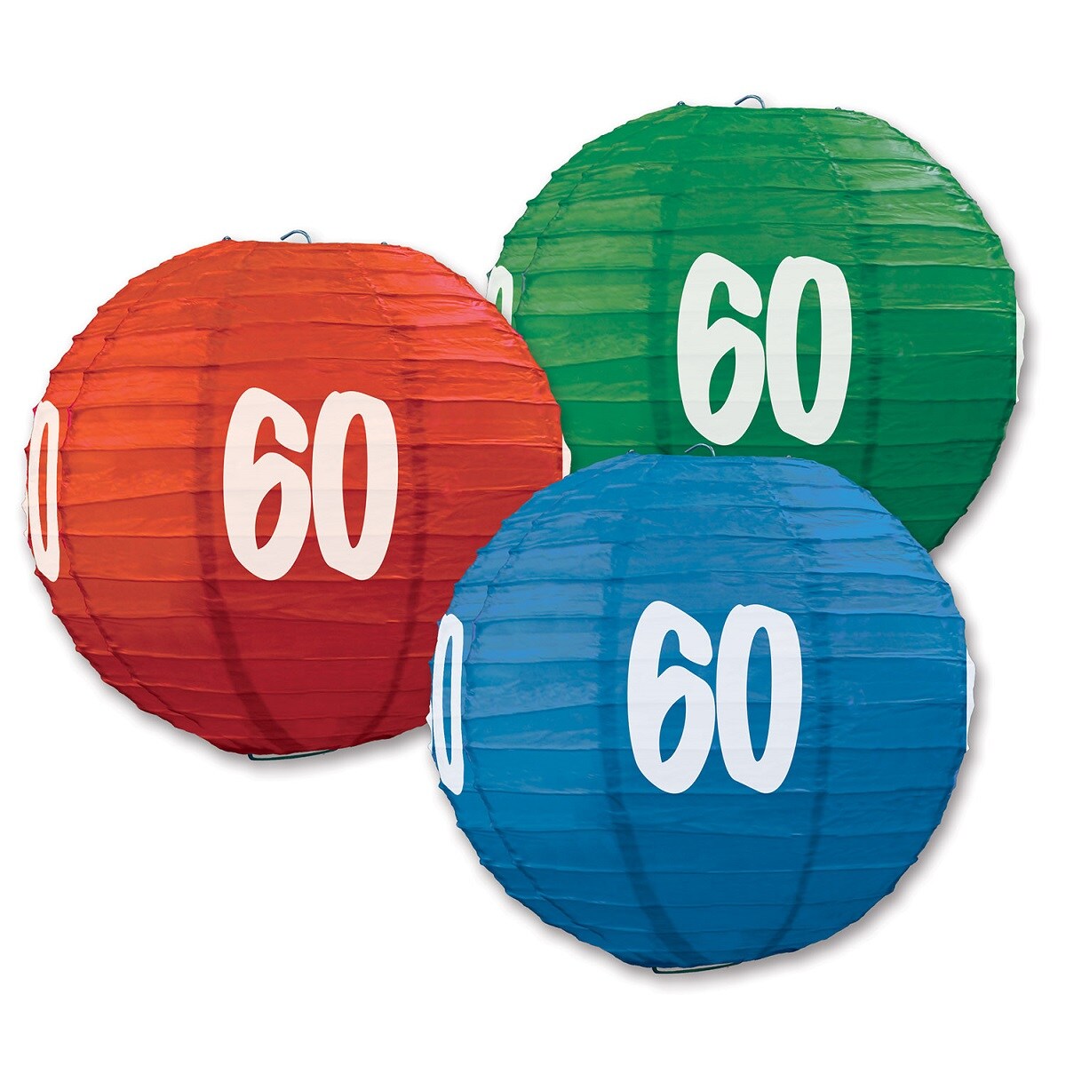 Beistle Pack of 6 Red, Blue, and Green Birthday &#x22;60&#x22;  Festive Hanging Paper Lanterns 9.5&#x22;