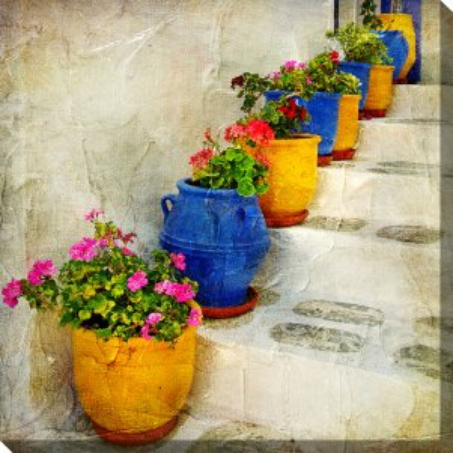 Outdoor Living and Style Yellow and Blue Bright Pots with Floral Plants Outdoor Canvas Square Wall Art Decor 24" x 24"