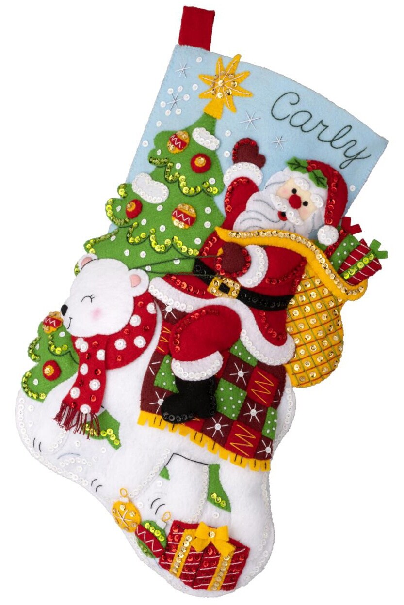 Bucilla Felt Stocking Applique Kit Long Santa S Polar Bear Ride