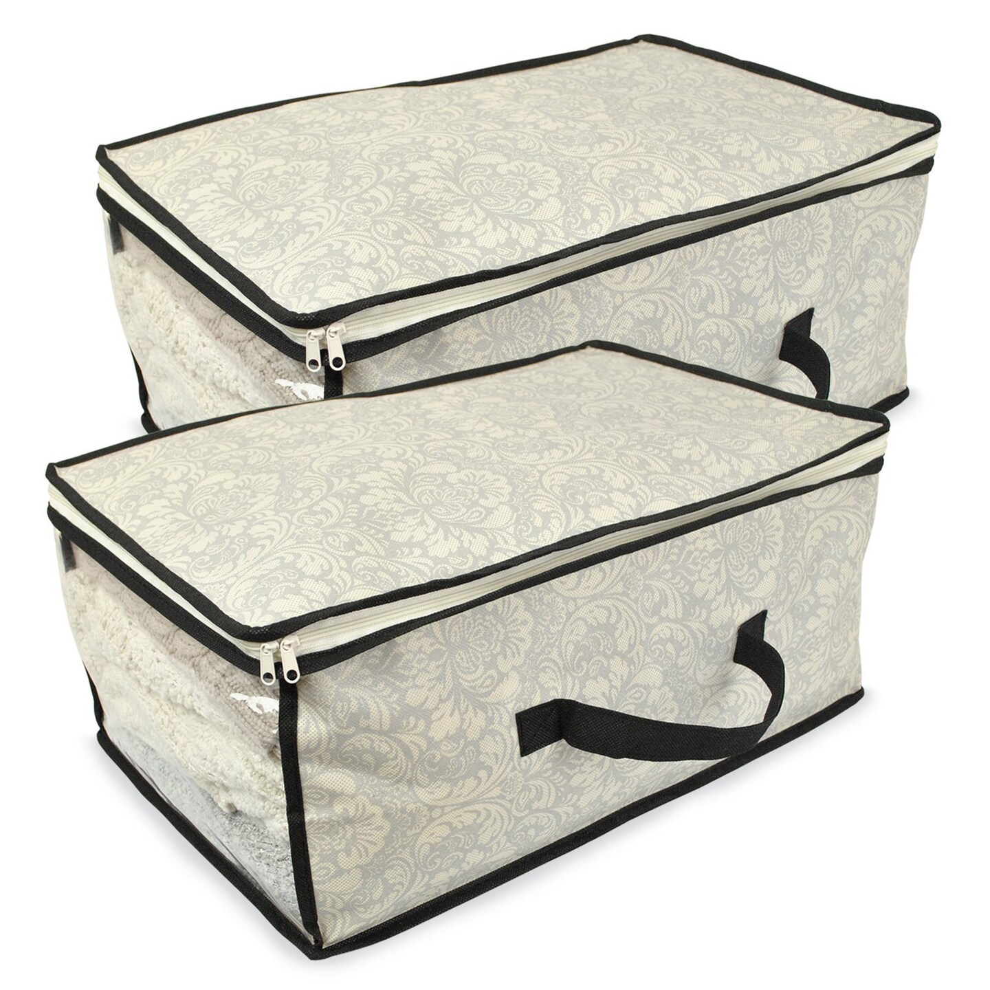 CC Home Furnishings Set of 2 Gray Damask Patterned Soft Storage Bins with Zipper Closure 18&#x22;