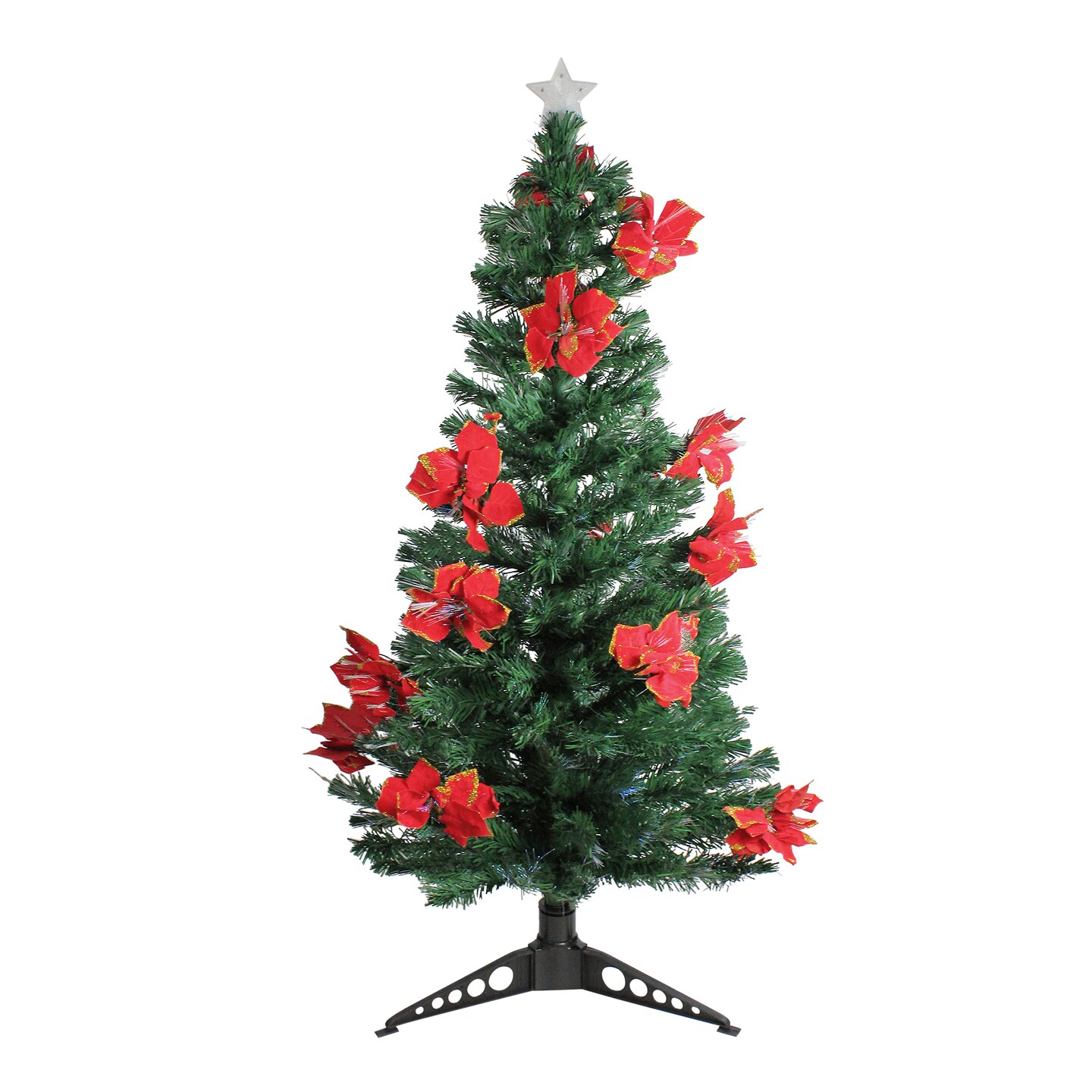 DAK 5' Pre-Lit Medium Fiber Optic Artificial Christmas Tree with Red Poinsettias - Multicolor Lights