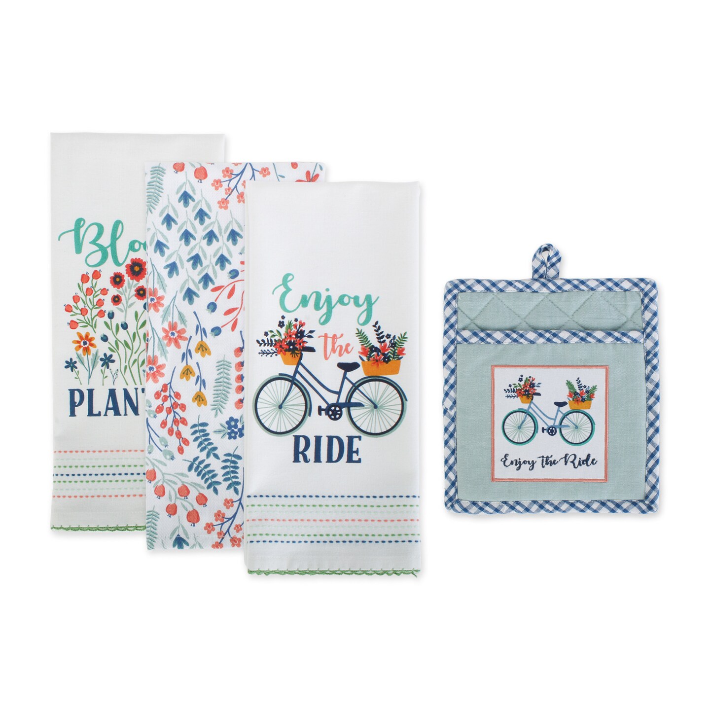 Contemporary Home Living Floral Bicycle Kitchen Potholder and Dishtowel Set - 28" - White and Blue - Set of 4