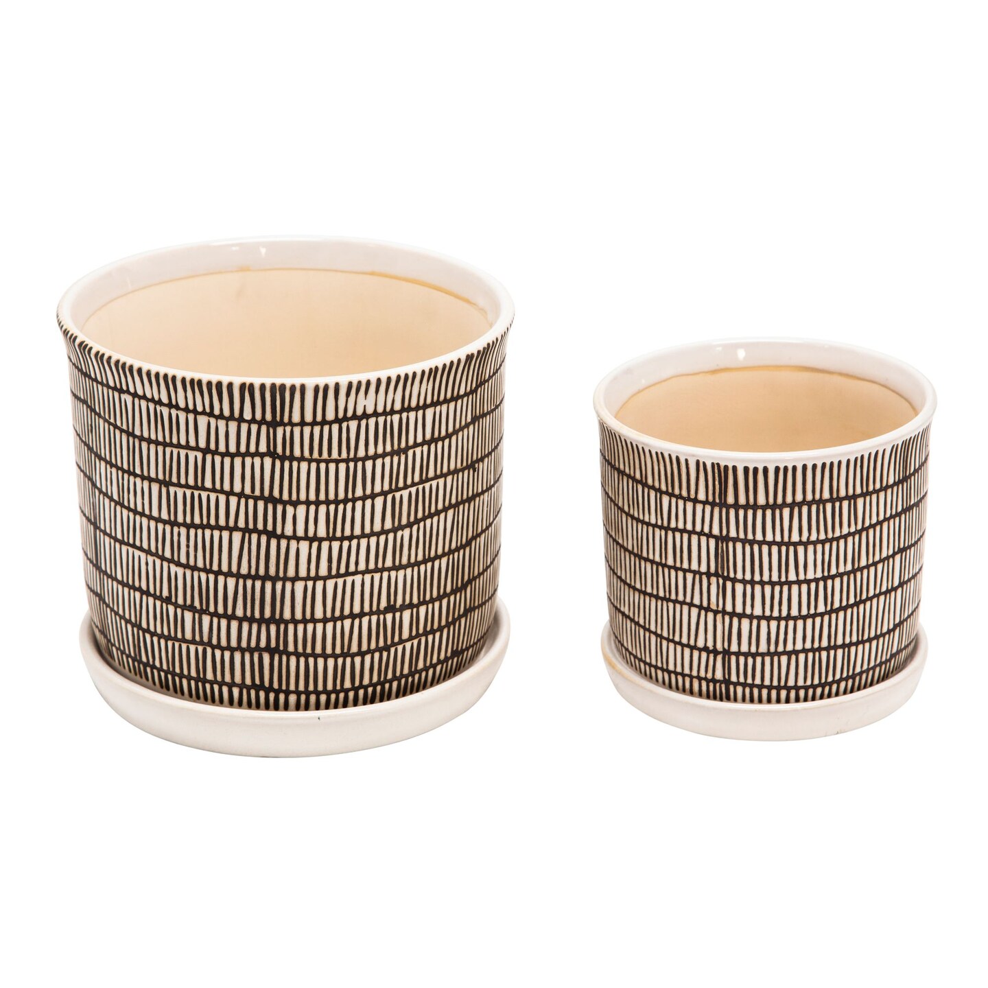Kingston Living Ceramic Cylindrical Planters with Saucers - 8&#x22; -  Beige and Brown - Set of 2