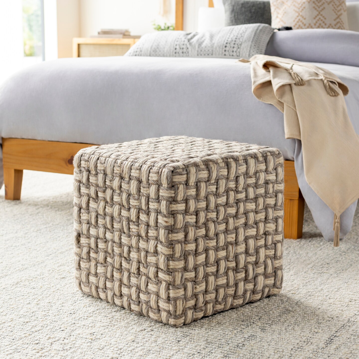 Tiwari Home 18" Brown and Beige Basket Weave Patterned Wool Cube Pouf Ottoman