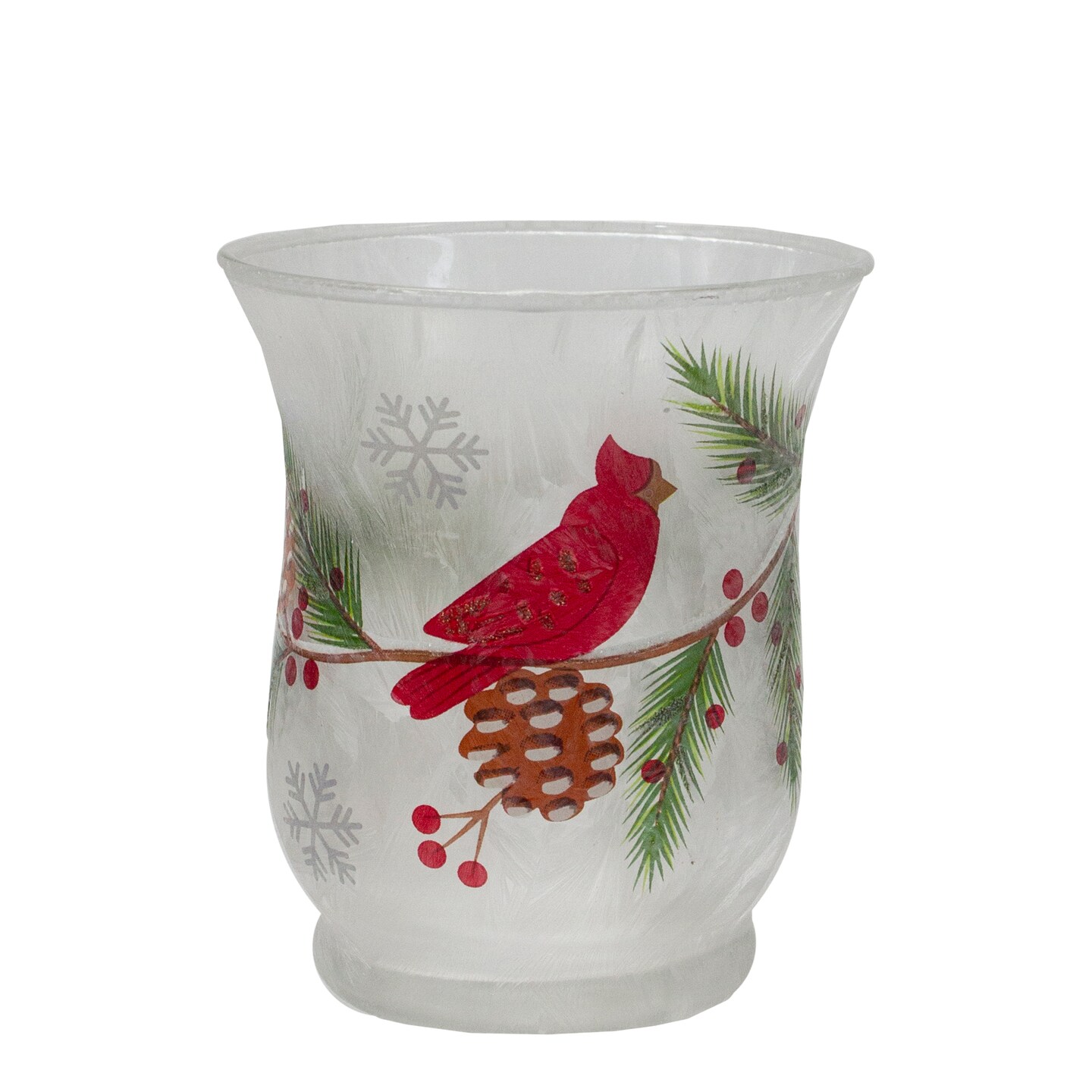 Northlight 2.75&#x22; Hand Painted Christmas Cardinal and Pine Flameless Glass Candle Holder