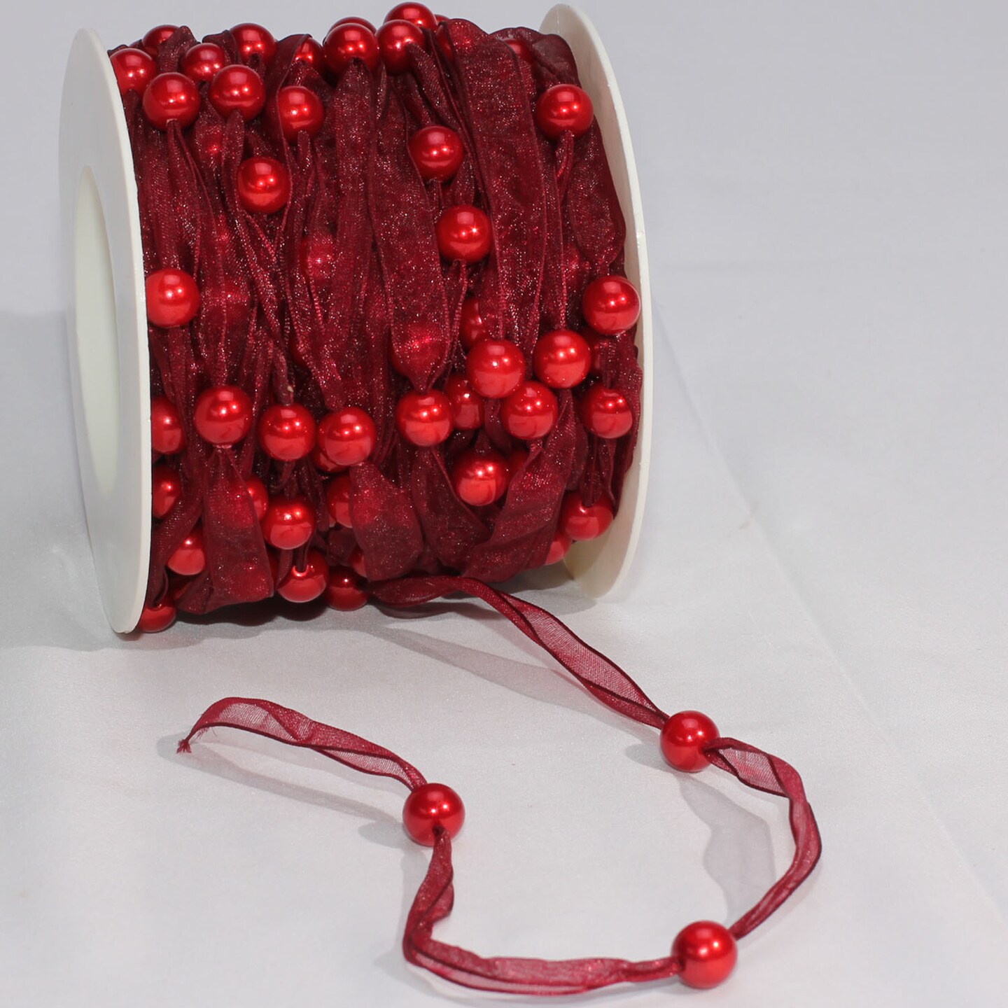 The Ribbon People Burgundy Red Narrow Organdy Contemporary Craft Ribbon with Pearls 9.5mm x 27 Yards
