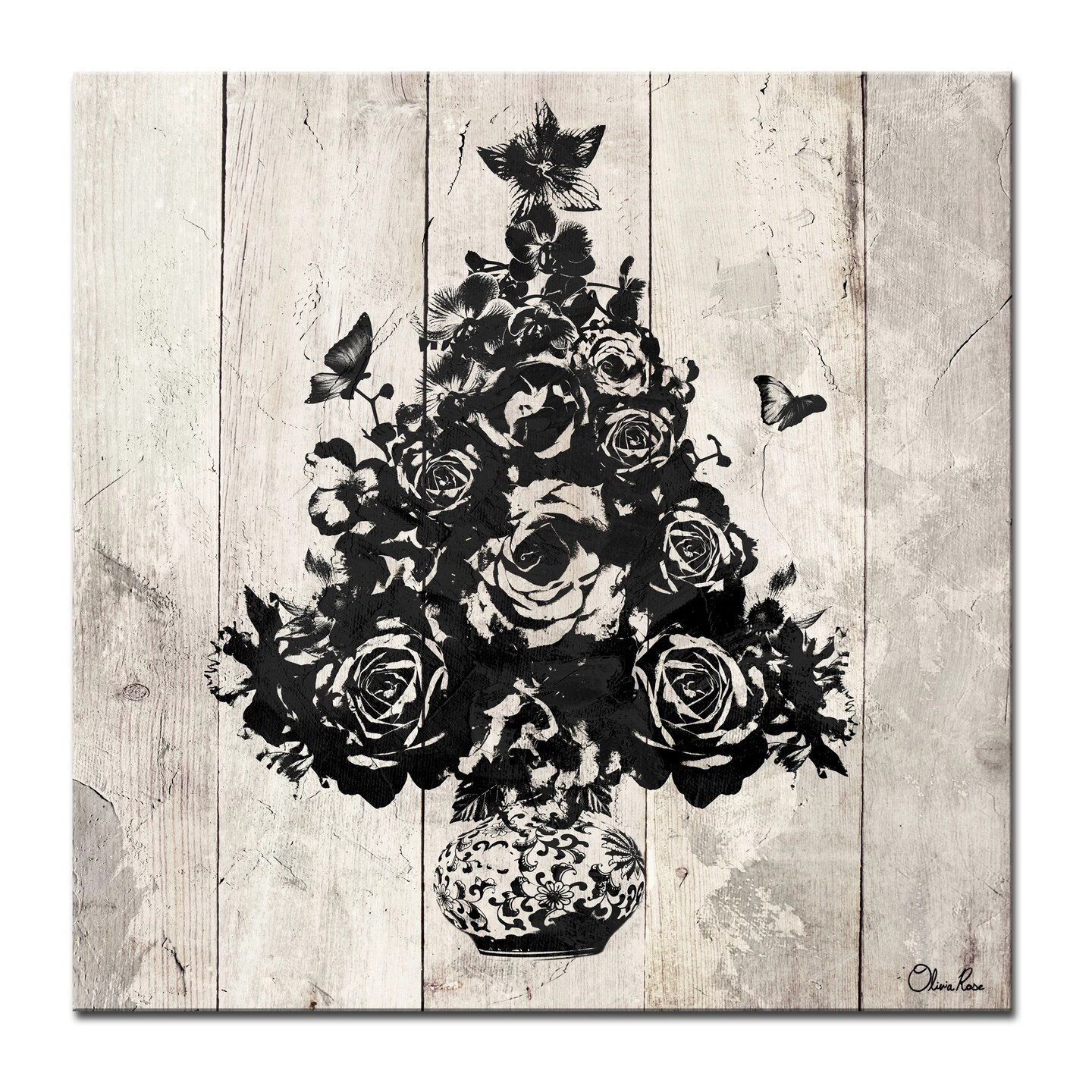 Crafted Creations Beige and Black Floral Christmas Tree Wrapped Square Wall Art Decor 20&#x22; x 20&#x22;