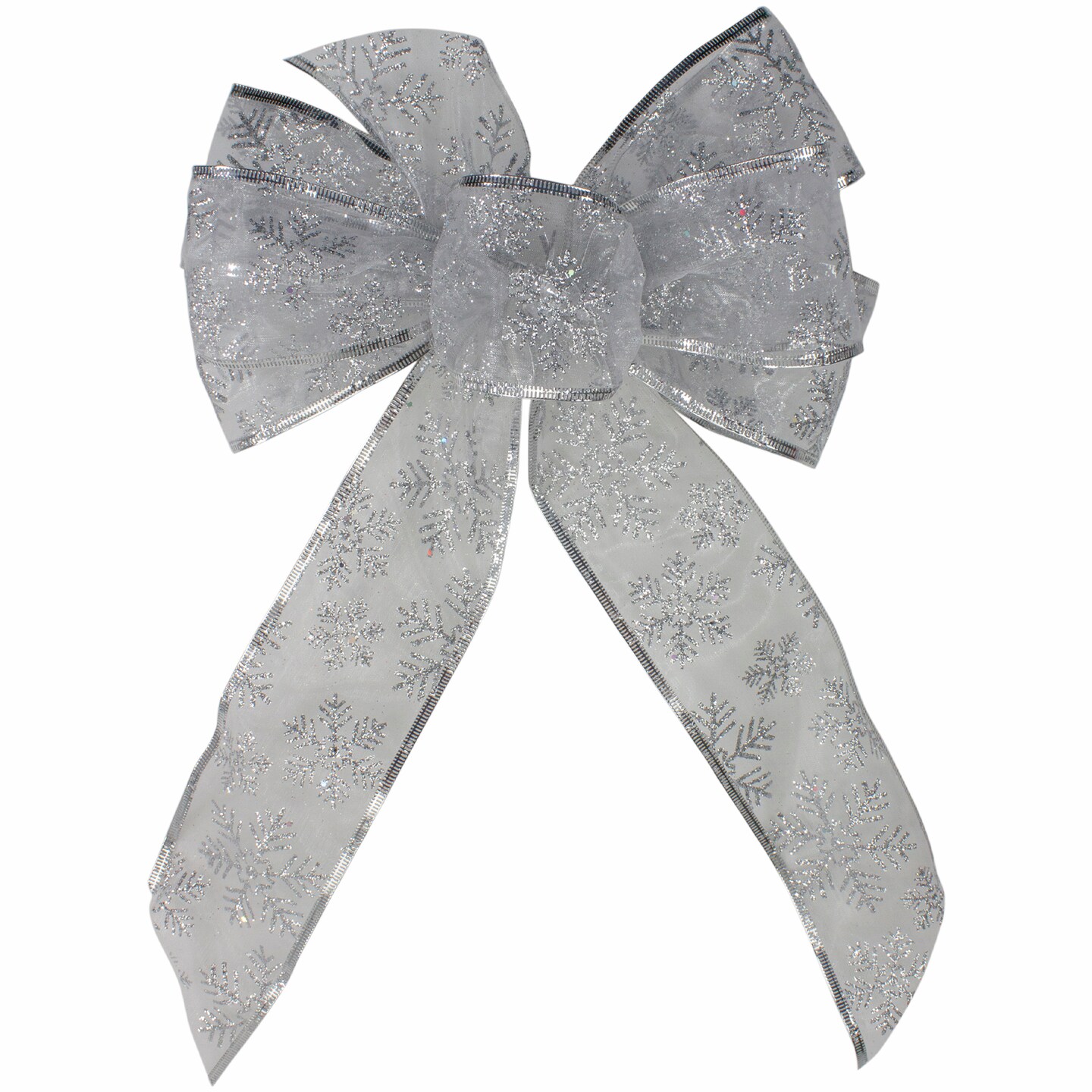 Northlight Glitter Snowflake 6-Loop Sheer Christmas Bow Decoration - 9" x 14" - Silver