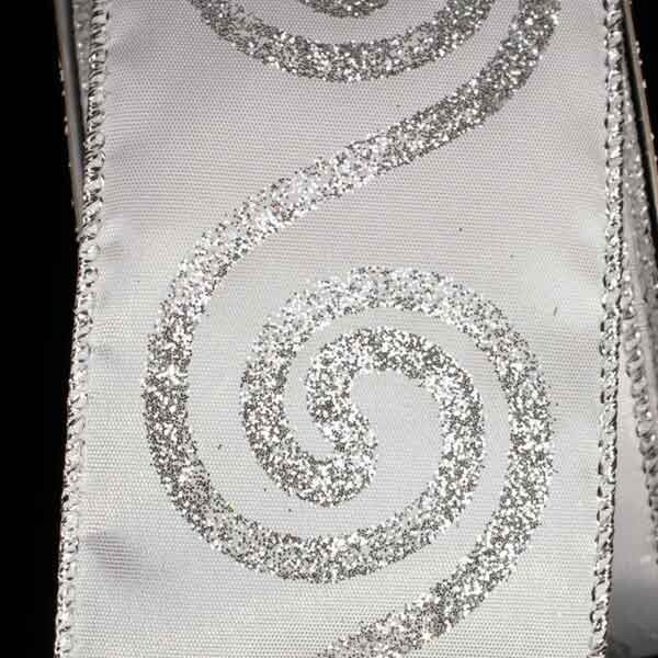 The Ribbon People White and Silver Swirl Taffeta Wired Craft Ribbon 2.5" x 20 Yards