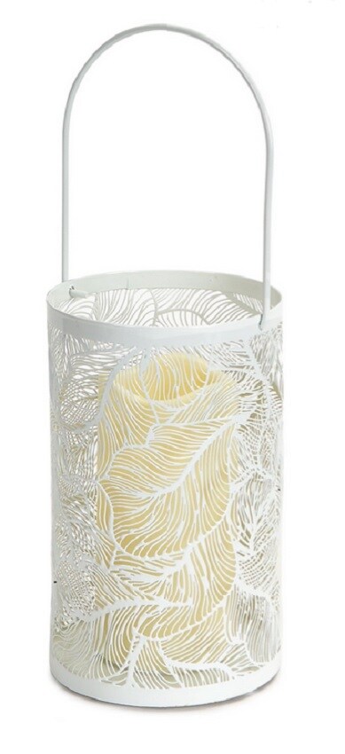 Melrose 8" White Leaf Patterned Battery Operated LED Candle Lantern with Timer