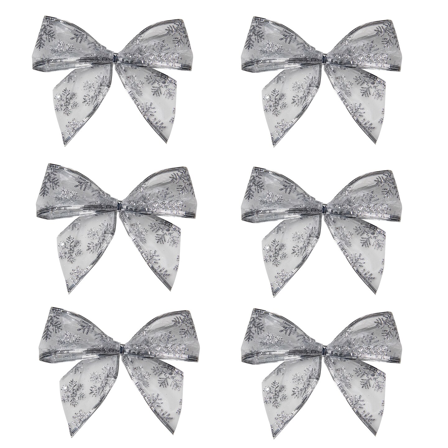 Northlight Sheer Snowflake 2-Loop Christmas Bow Decorations - 5.5" - Silver - Pack of 6