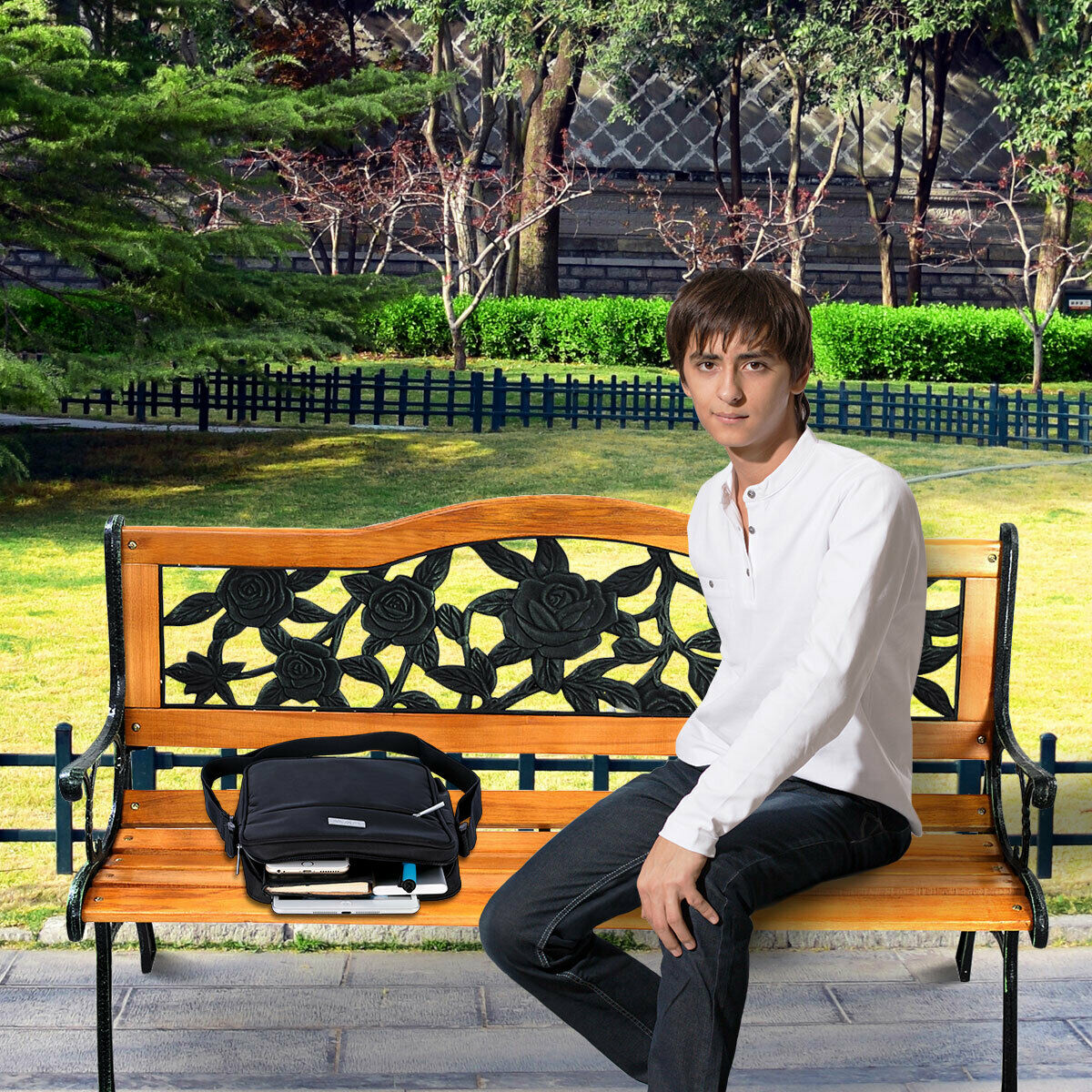 Costway Patio Park Garden Metal Bench Porch Path Chair Furniture Cast Iron Hardwood