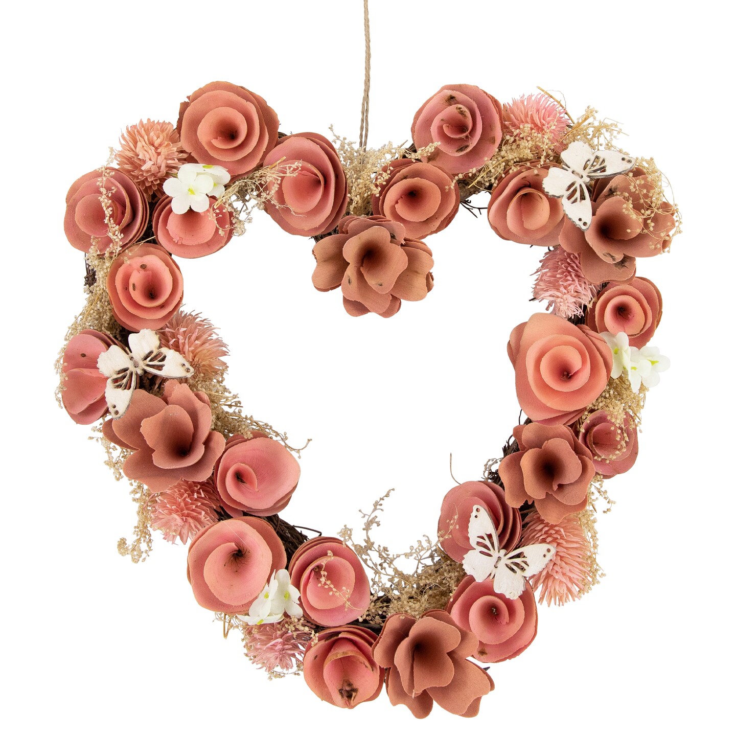 Northlight 10" Pink Wooden Rose Heart Spring Wreath with Butterflies