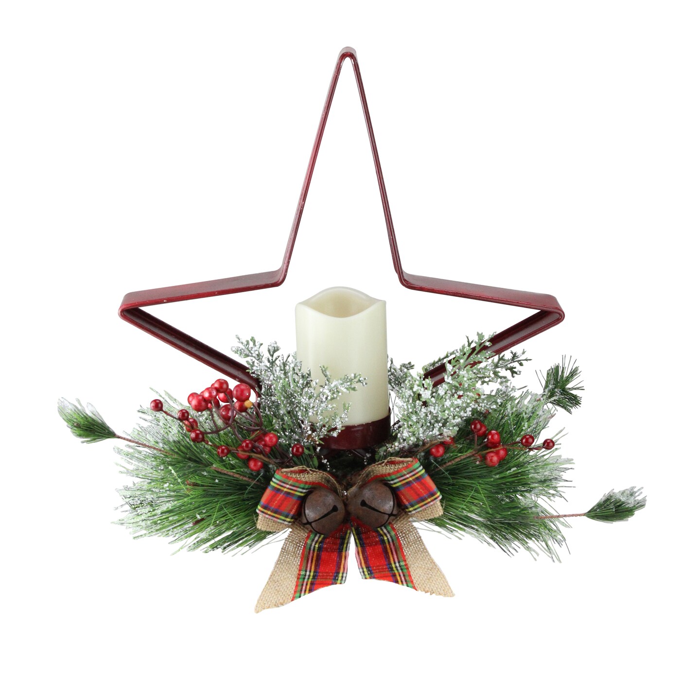 Gerson 15&#x22; Battery Operated Green and Red Christmas Pine Needle Candle Holder