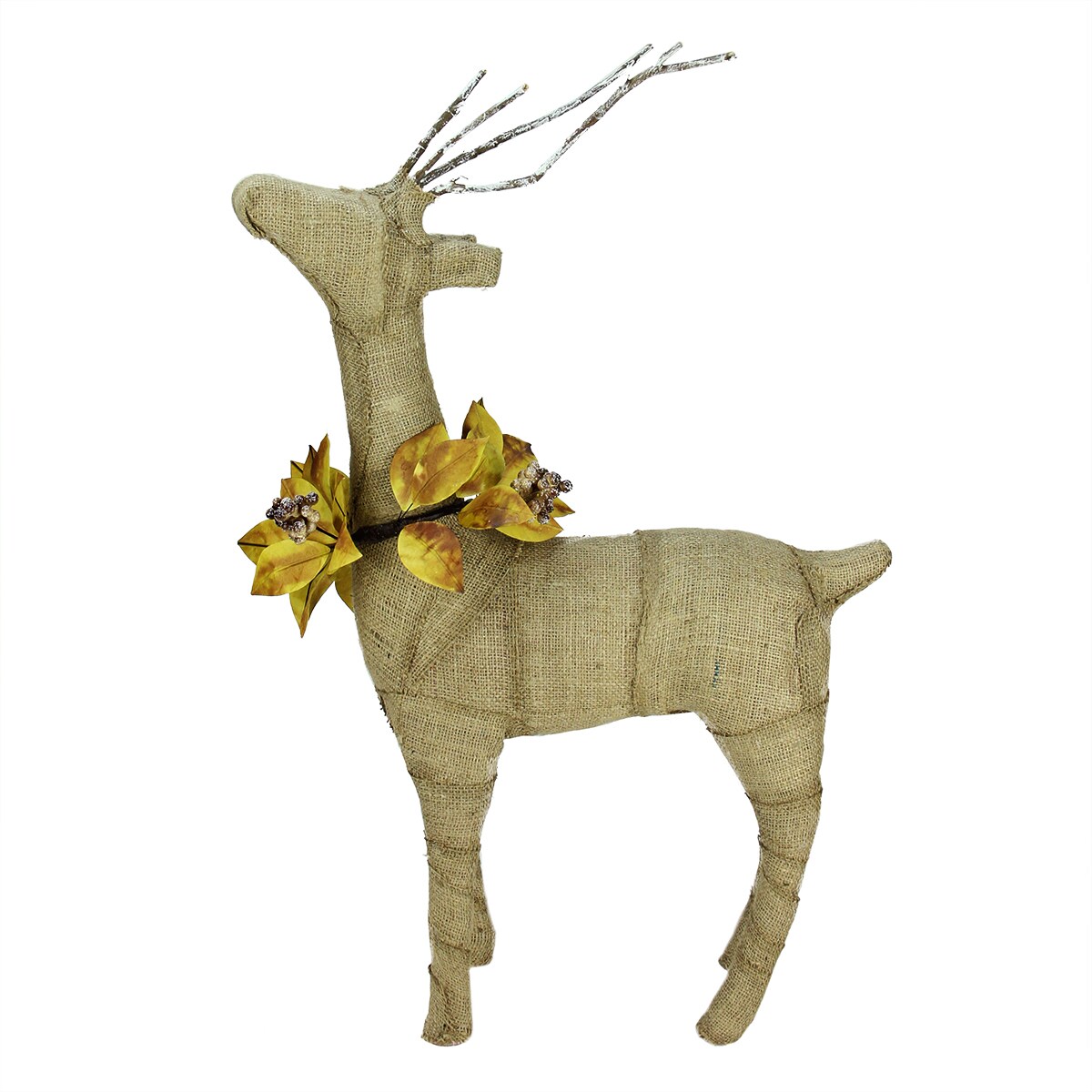 Gallerie II 26.5" Rustic Burlap Reindeer Wearing Amber Leaves and Berries Decorative Standing Christmas Figure