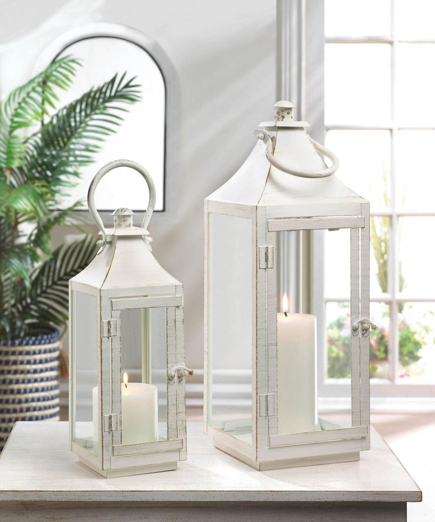 Accent Plus Home Decorative Distressed White Metal Candle Lantern - 12 inches