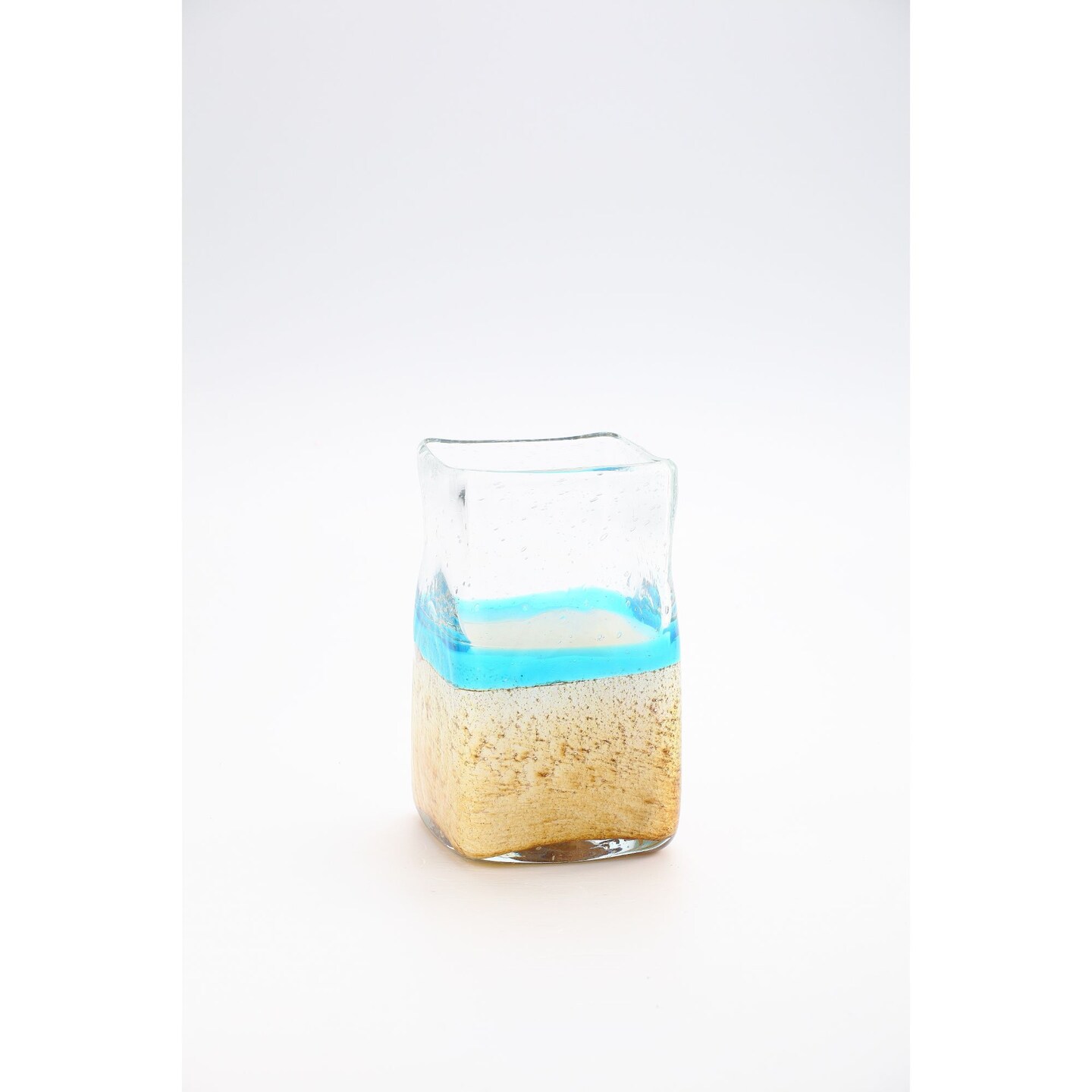 CC Home Furnishings 7.5&#x22; Clear and Blue Printed Beach Design Square Glass Vase