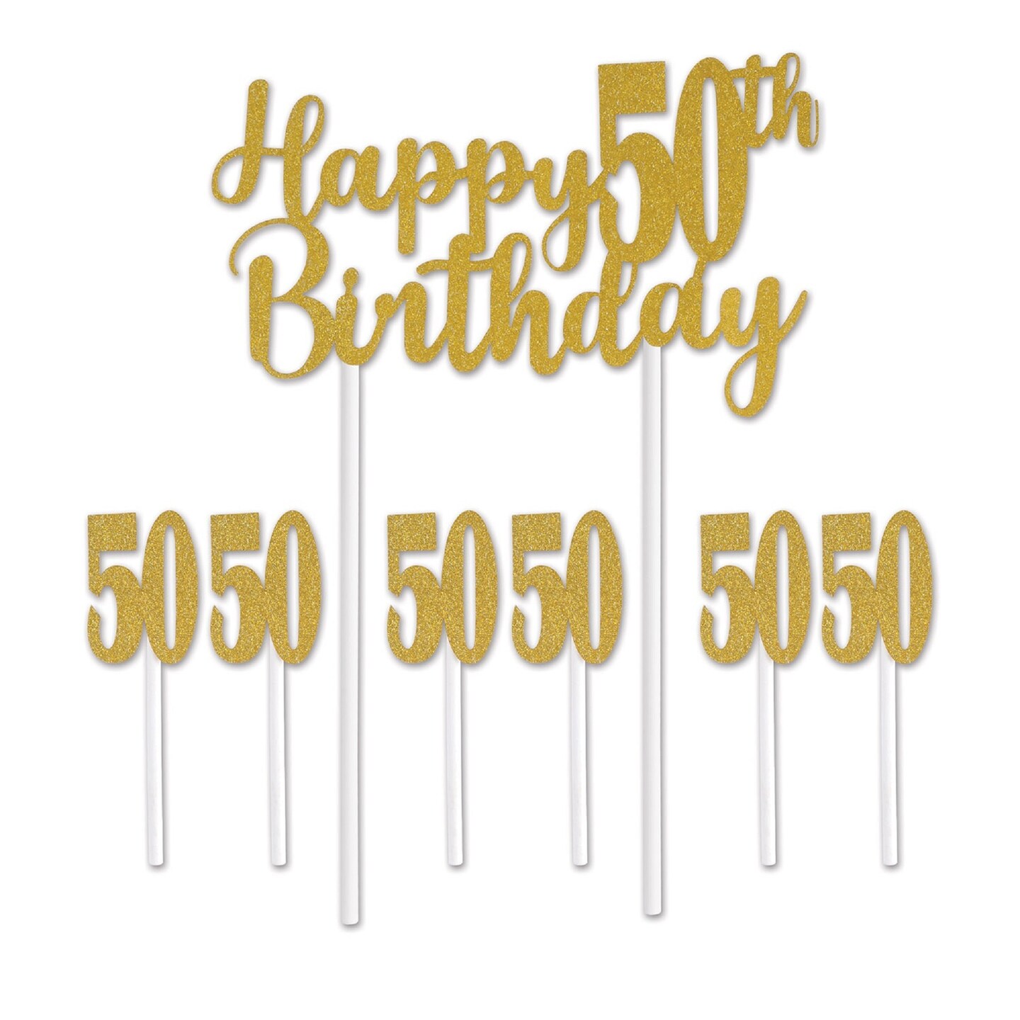 Beistle Set of 12 Gold Happy 50th Birthday Cake Topper 8.25&#x22;