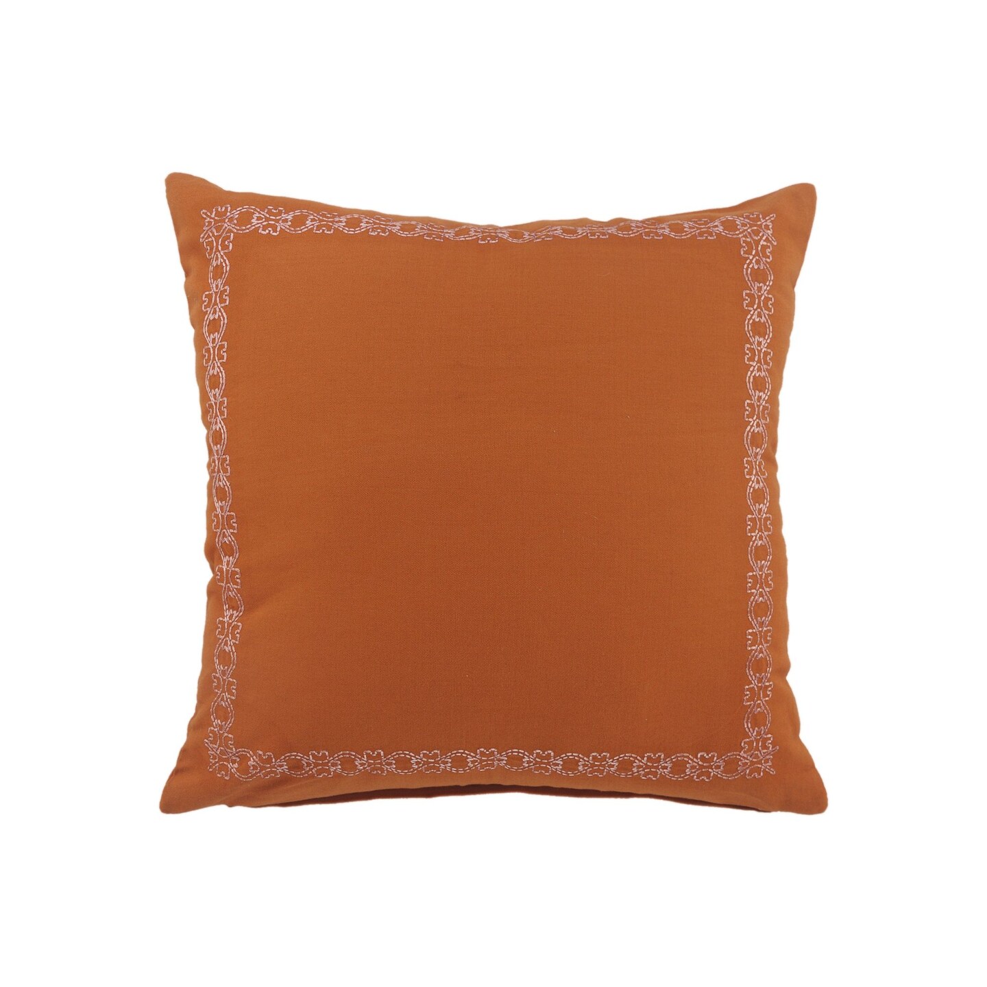 Laddha Home Designs 20" Cinnamon Orange and White Embroidered Border Square Throw Pillow