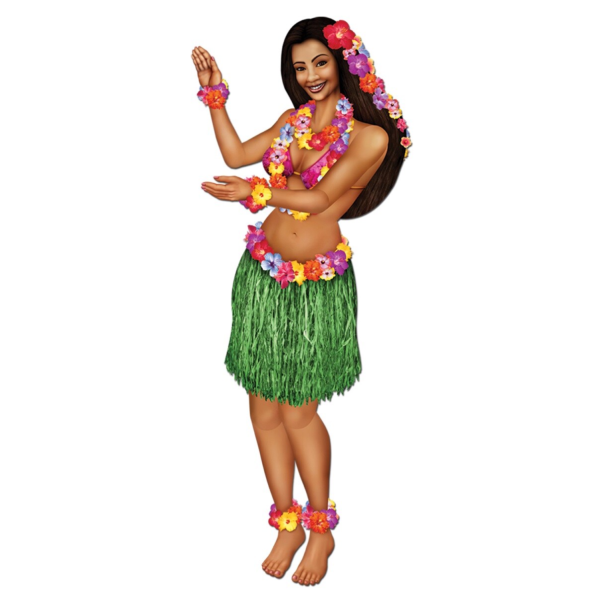 Beistle Club Pack of 12 Brown and Green Tropical Luau Jointed Floral Hula Girl Party Decors 38&#x22;