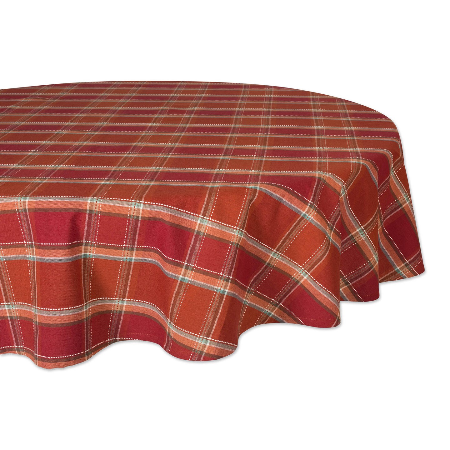 Contemporary Home Living Stitched Glen Plaid Round Cotton Tablecloth - 70&#x22; - Cherry Red and Burnt Orange