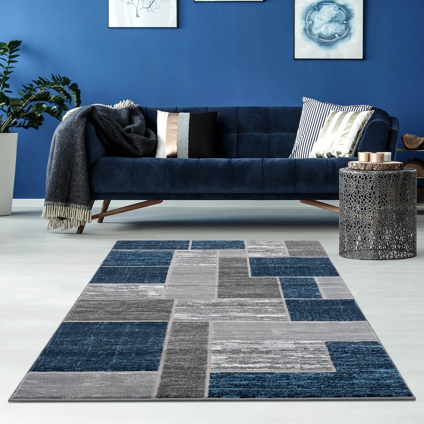 L'baiet Rectangle Verena Blue Geometric 2 ft. x 3 ft. Scatter Area Rug