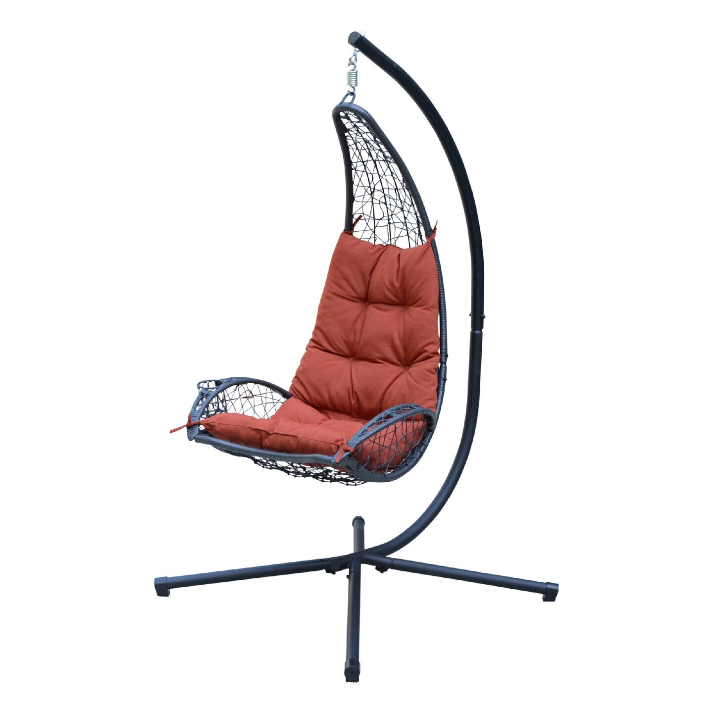 The Hamptons Collection 78" Red and Black Cushioned Rattan Wicker Hanging Chair with Stand