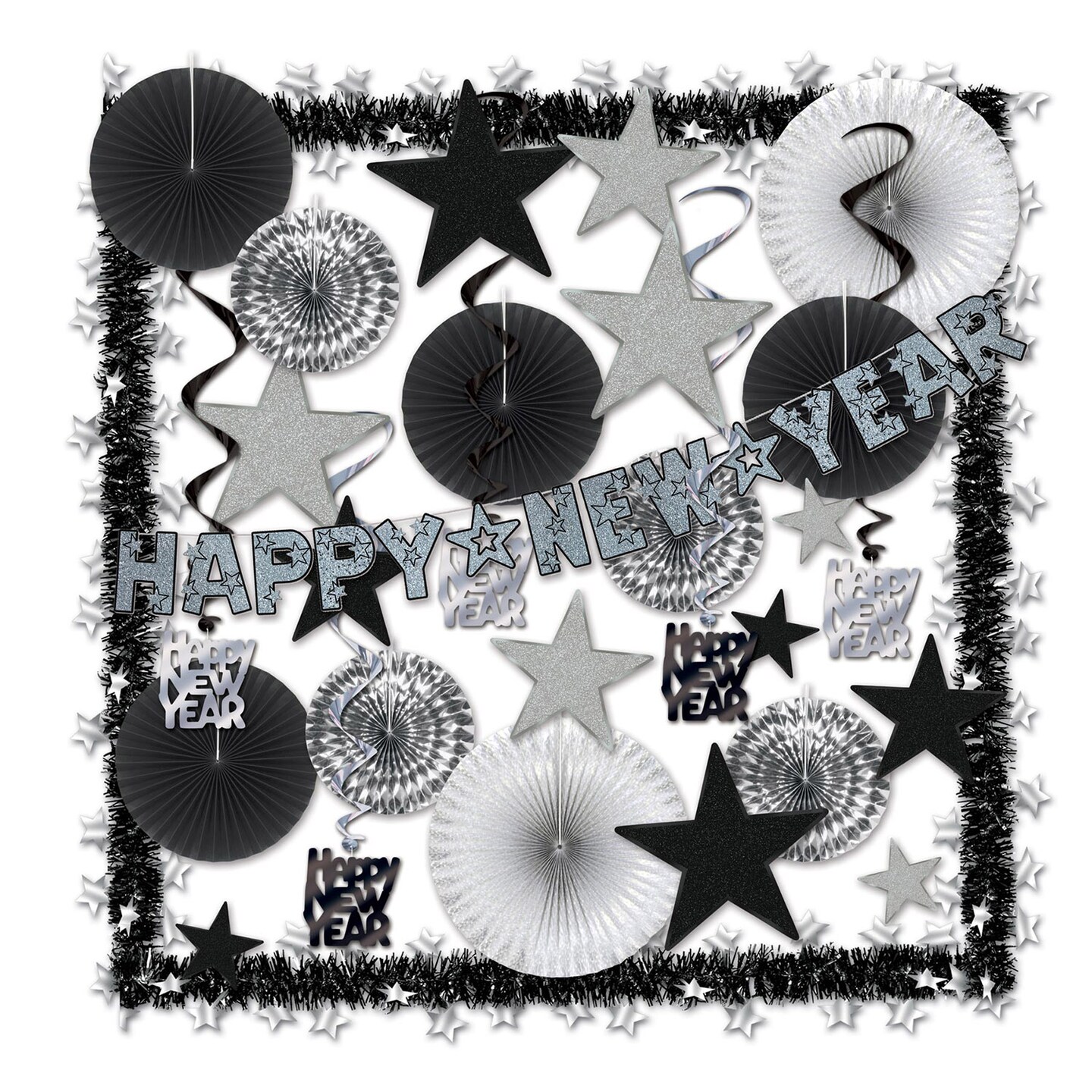 Beistle 32 Piece Silver and Black Gleaming &#x22;Happy New Year&#x22;  Decorative Decorating Kit