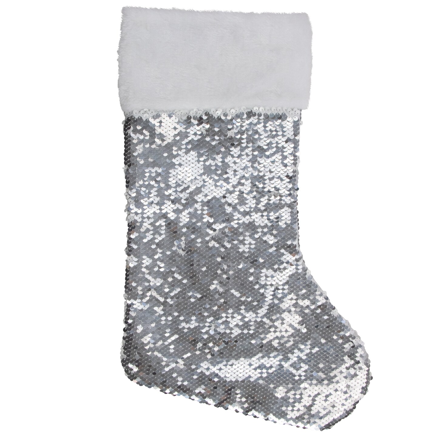 Northlight 19&#x22; White and Silver Sequin Christmas Stocking With White Faux Fur Cuff