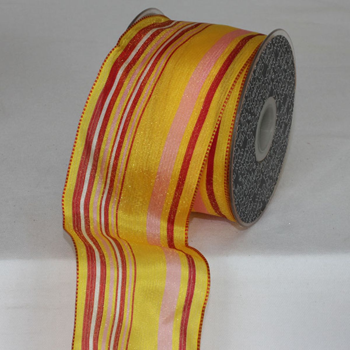The Ribbon People Yellow and Red Striped Sheer Wired Craft Ribbon 2.5&#x22; x 27 Yards