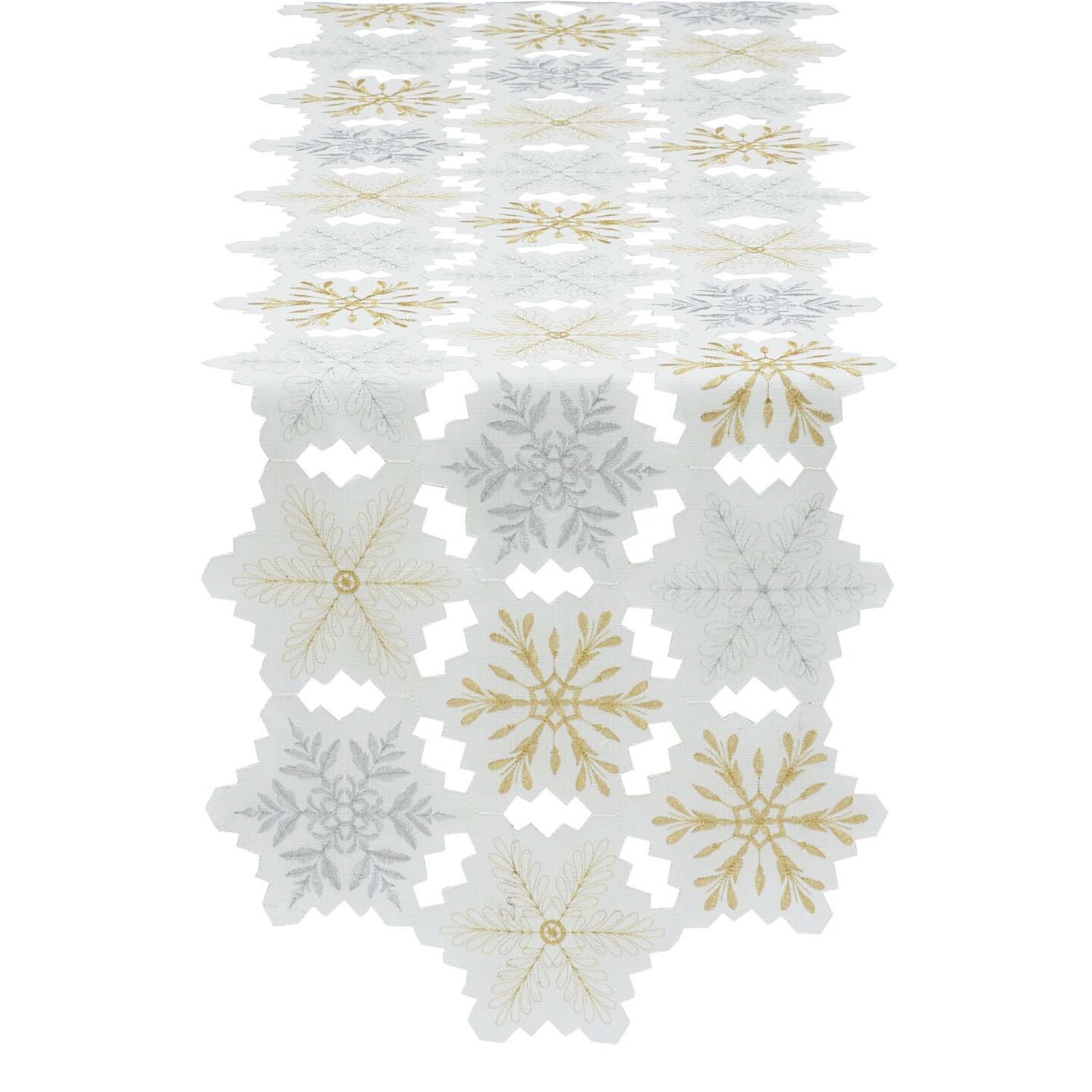 Contemporary Home Living 54&#x22; White and Gold Colored Embellished Snowflakes Table Runner