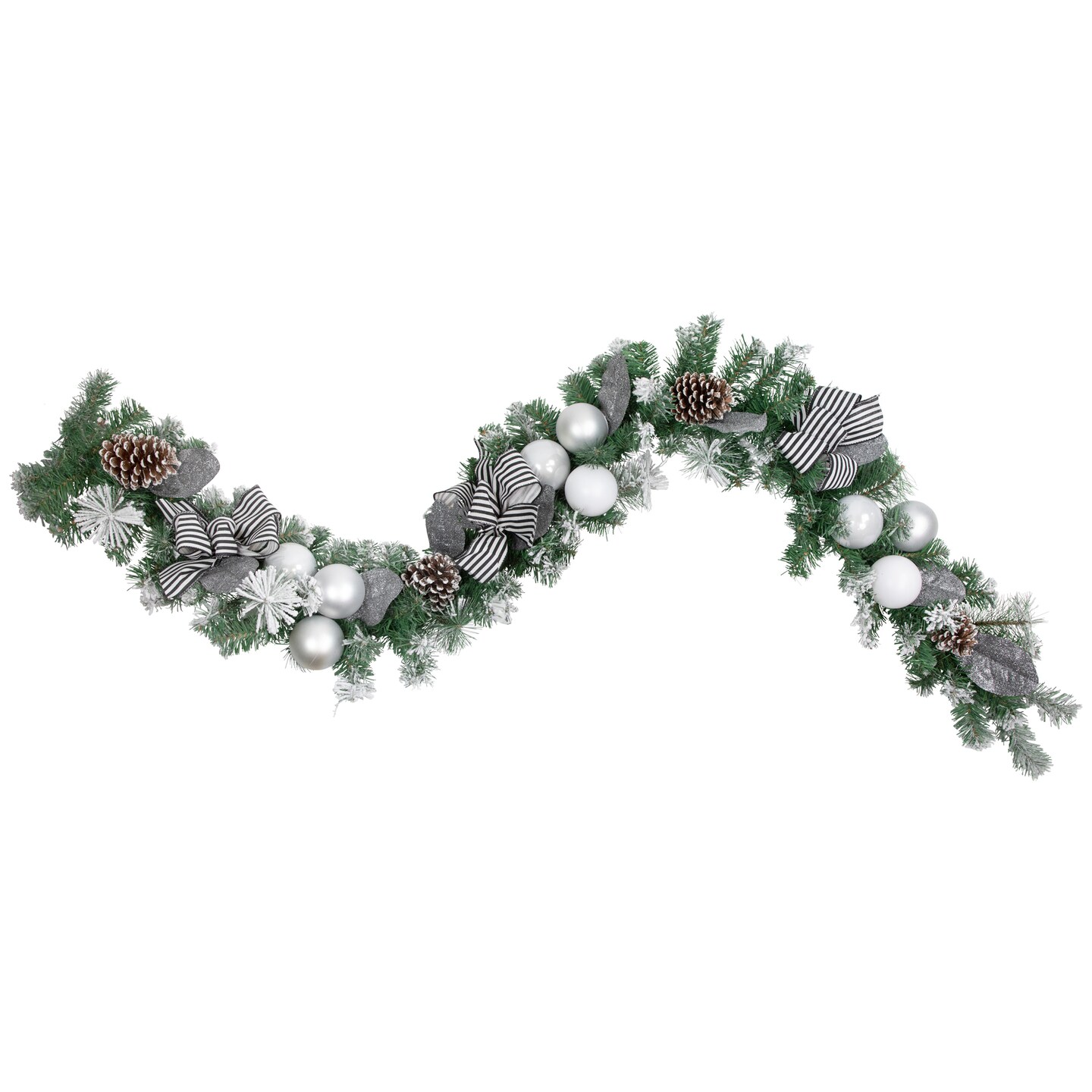Northlight 6&#x27; Frosted Pine Artificial Christmas Garland with Striped Bows and Ornaments